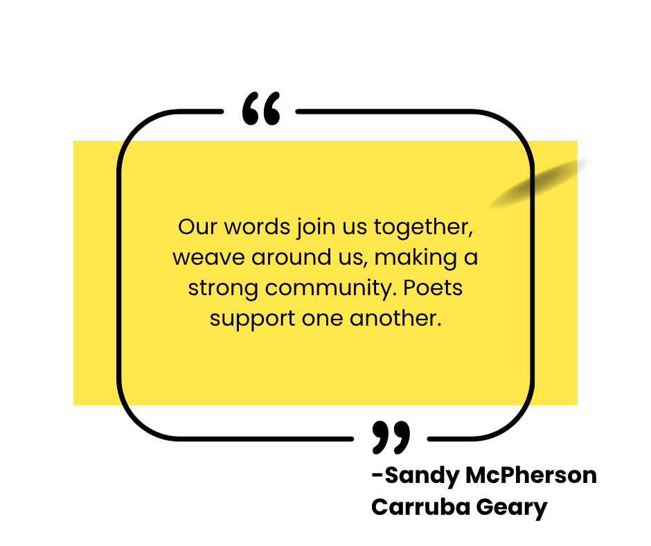 Yellow card with a community-building message about the importance of words, weaving around us, and supporting one another.