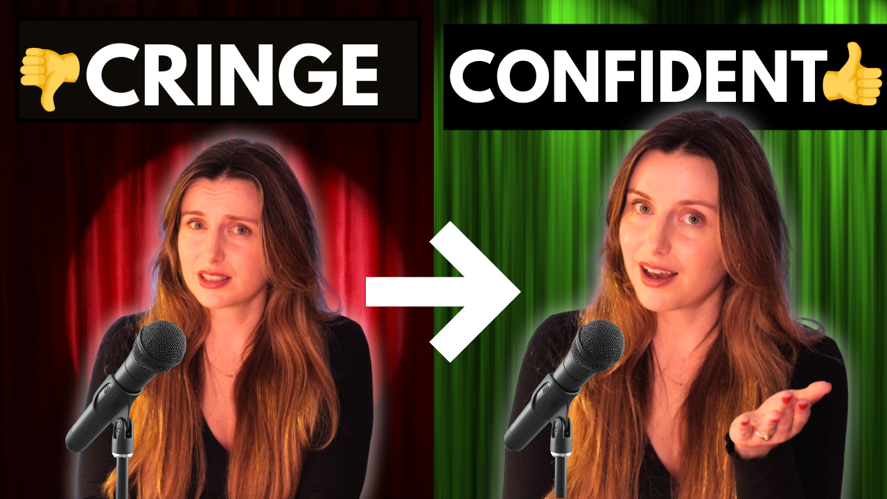 A before and after image of a girl performing poetry, on the left side it says "cringe" and on the right side it says "confident" showing her personal transformation in performing poetry