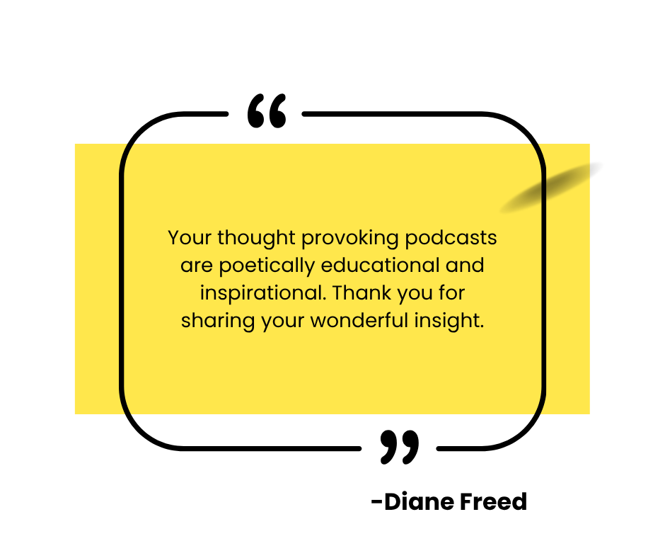 A yellow card with black border and rounded corners displaying a message of appreciation for thought-provoking podcasts, with a black sneaker in the background.
