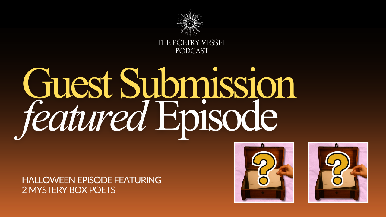 Thumbnail from The Poetry Vessel Podcast. Husband and wife sitting in front of microphones with surprised expressions. The background is purple with smoke effects, and there's colorful text saying 'Welcome to our Halloween Breakdown'.