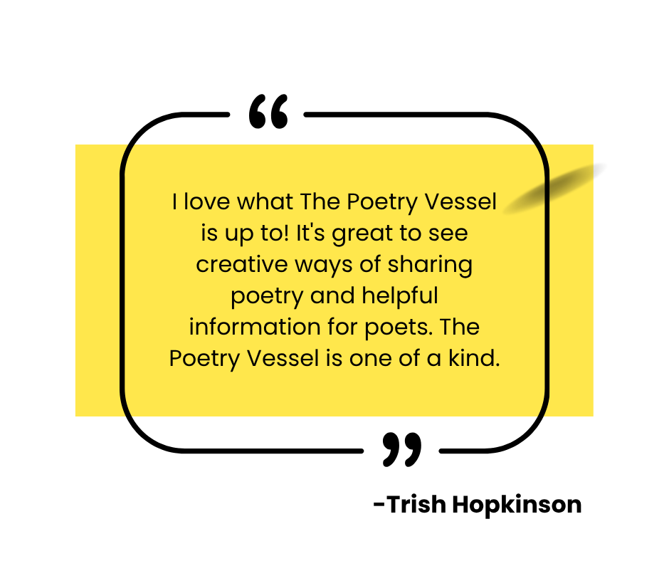 A yellow card with black border lines contains a message about The Poetry Vessel, expressing love for its creative sharing of poetry and information for poets.