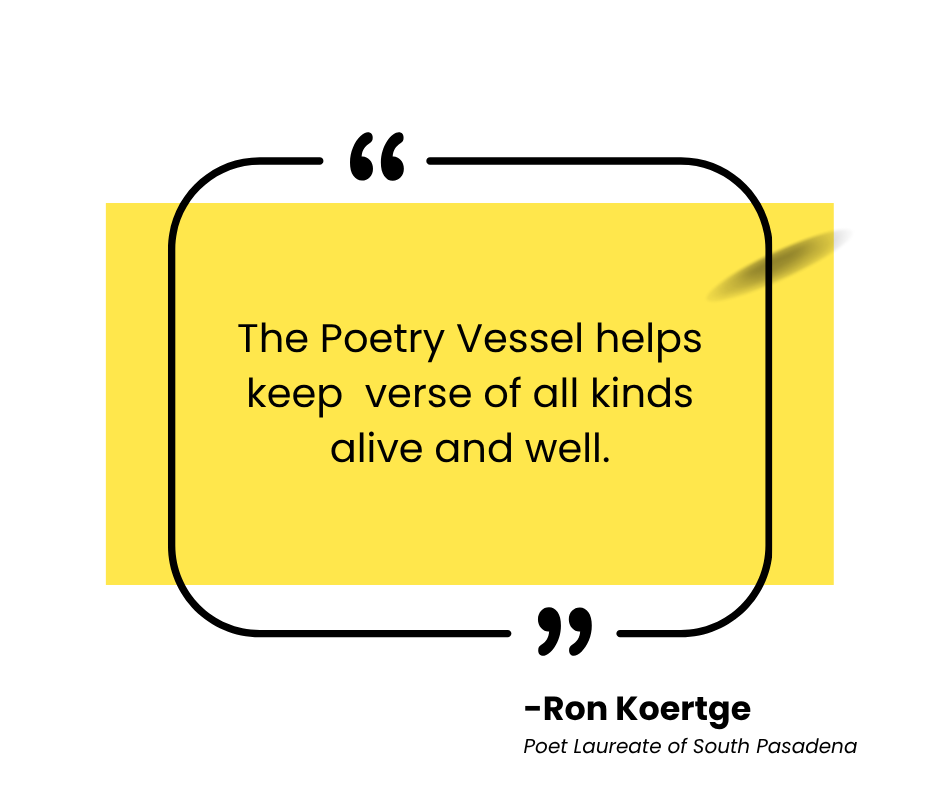 A yellow card with black borders and a quote that reads, 'The Poetry Vessel helps keep verse of all kinds alive and well.'