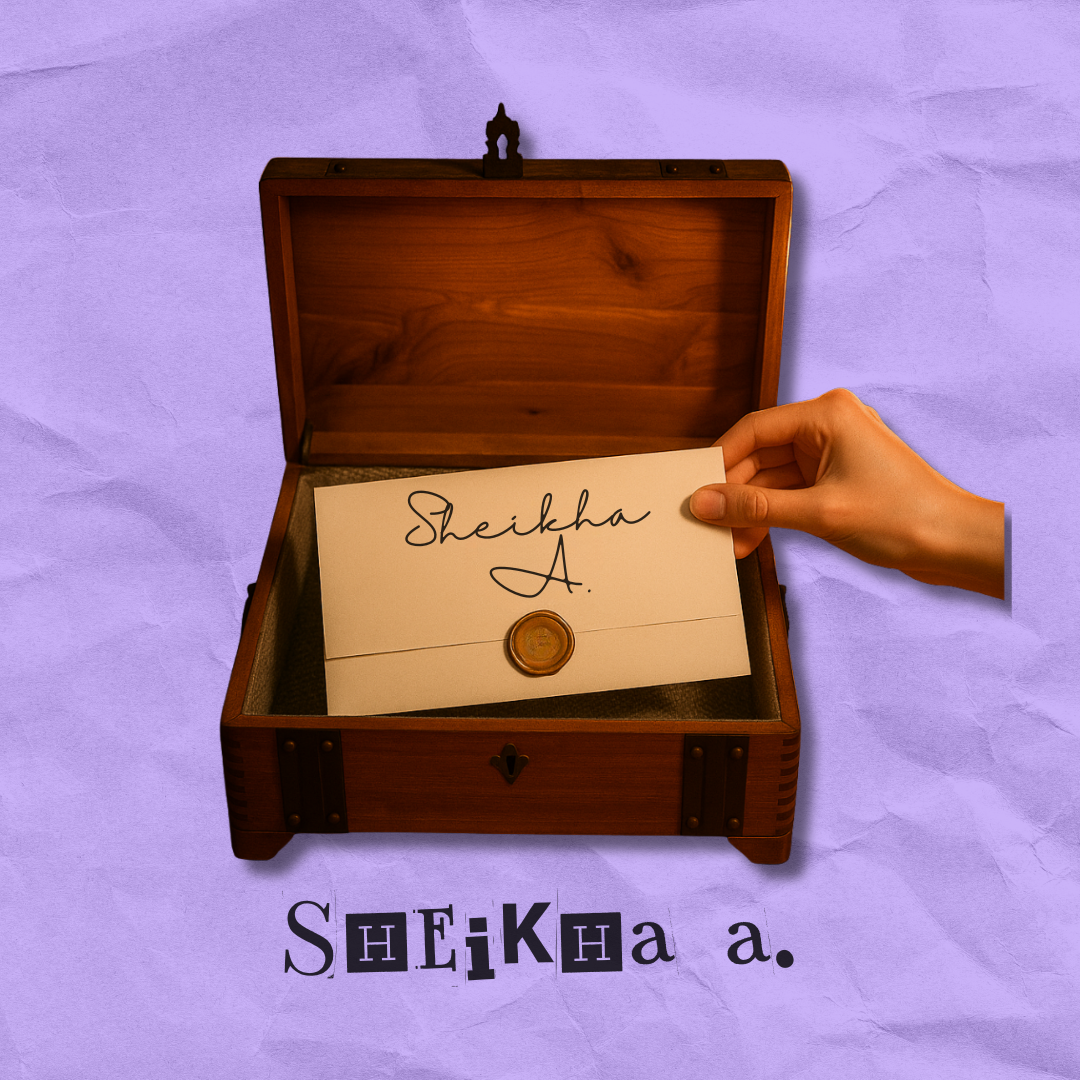 A hand holding a letter with the name 'Sheikha A.' inside a wooden box with a wax seal, and the name 'Sheikha A.' is written on paper outside the box.