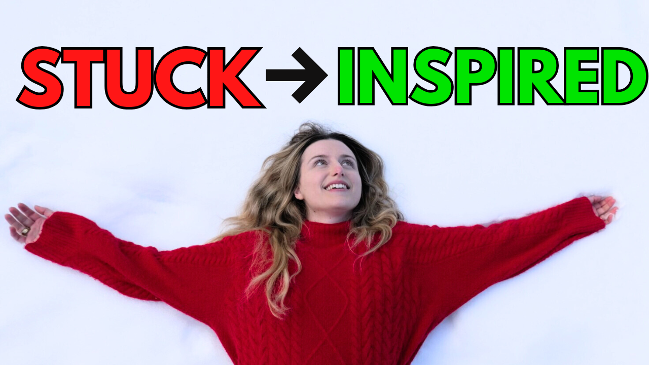 Rachael lying in snow with the words "stuck" to "inspired" written above her head