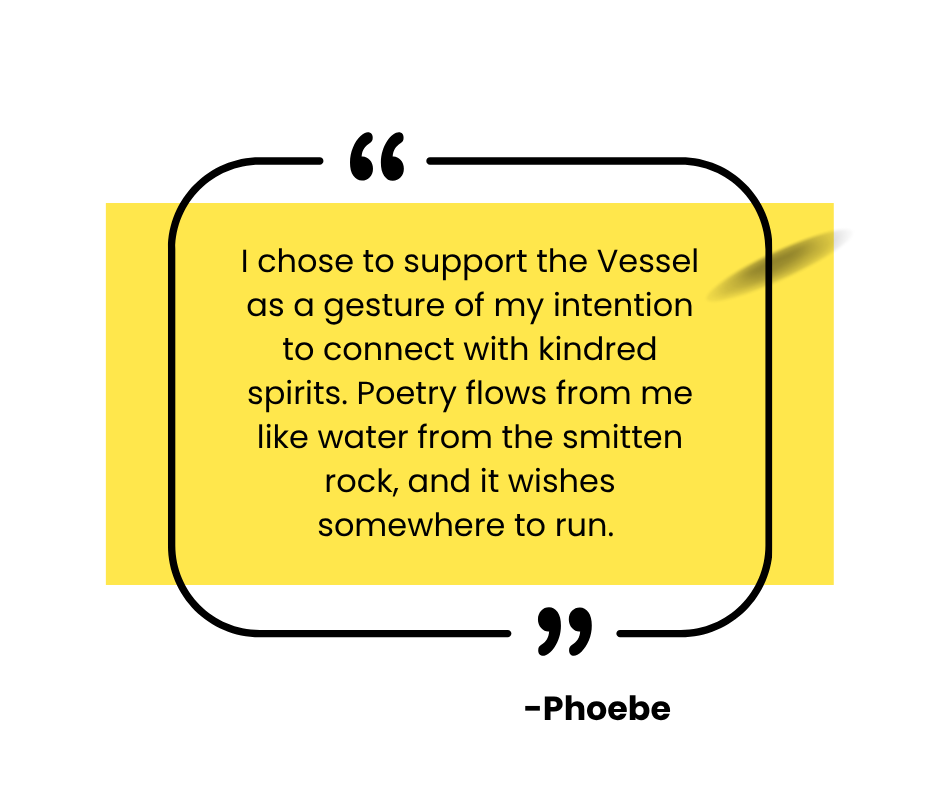 A yellow card with black borders contains a poetic message about supporting the Vessel as a gesture of connection with spirits, describing poetry flowing like water from the poet and wishing to run somewhere.