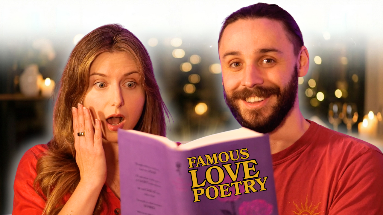 Rachael and Nathan Hassall reacting to a book that says "Famous Love Poetry" on the cover