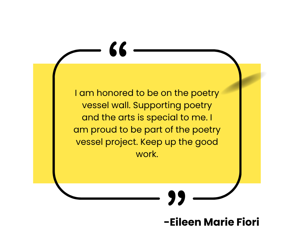 Yellow plaque with black borders and text praising support for poetry and arts, part of a poetry vessel project.