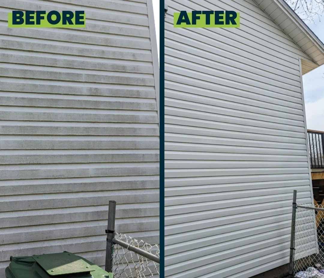 Before/after picture of dirty siding