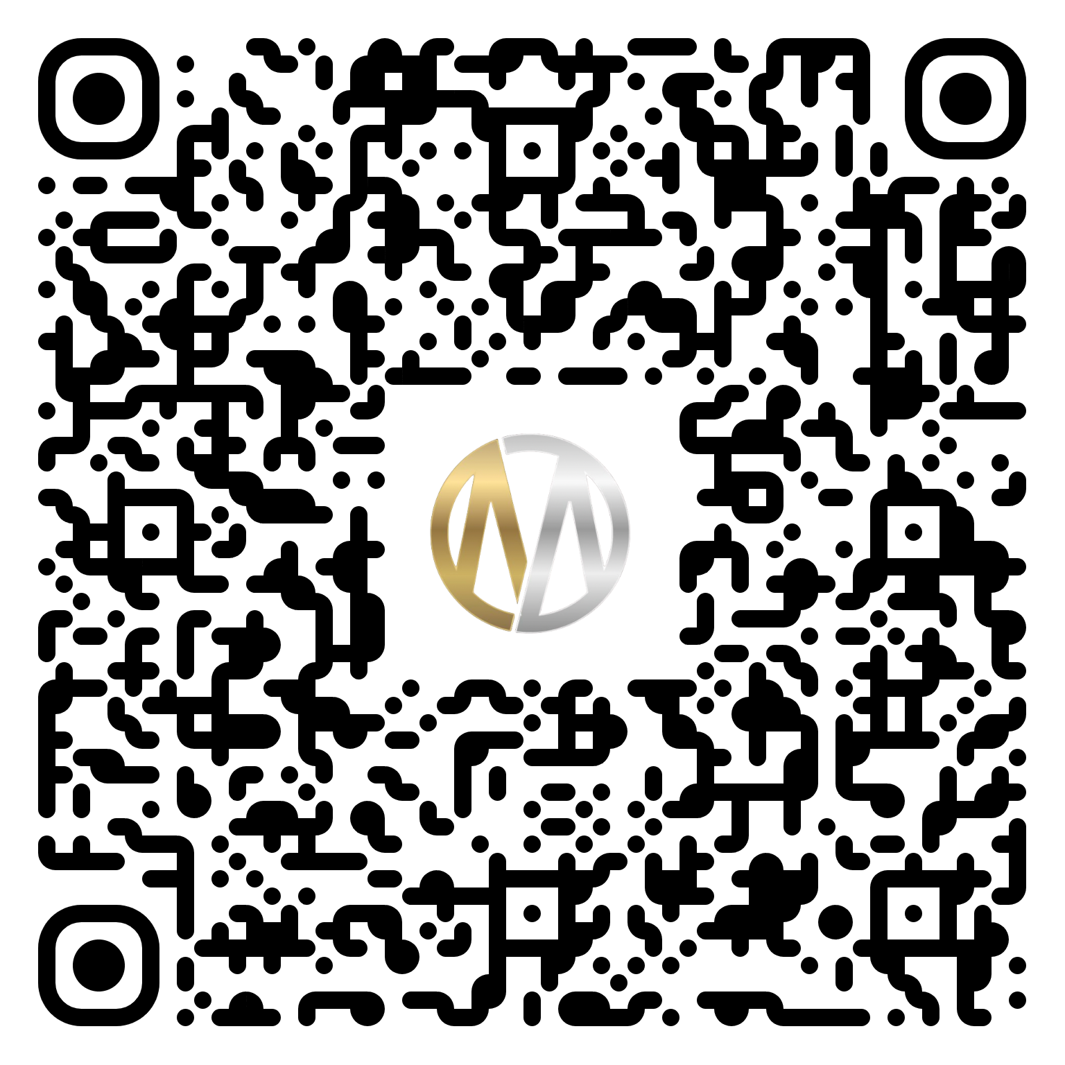 A QR code with a circular logo featuring a gold and silver omega symbol in the center.