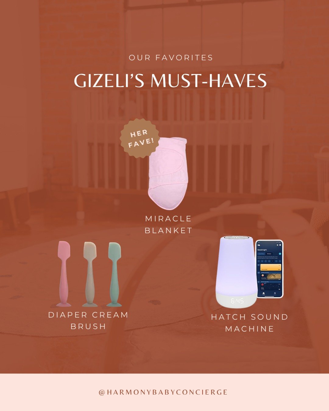 Newborn care made easy peasy! 🍼 

Gizeli swears by the Miracle Blanket (no velcro = smoother diaper changes!), the Hatch Sound Machine (a 2-in-1 gem with red light and white noise &mdash; Naomi loves it too!), and the Diaper Cream Brush (clean, hygi