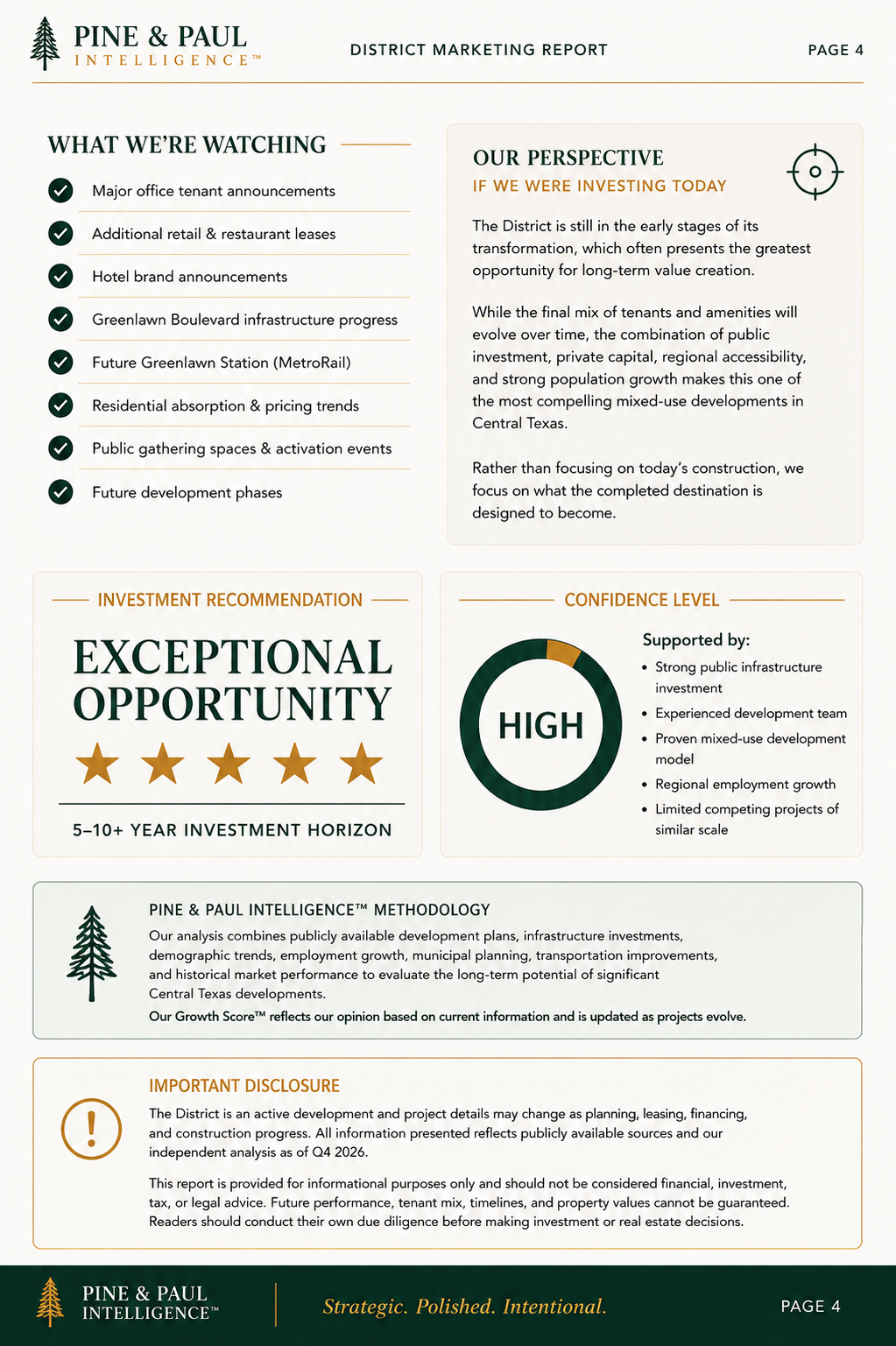 The district investment outlook, highlighting development milestones being monitored, future retail and restaurant announcements, hotels, residential growth and long-term real estate investment potential