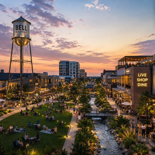 Bell District mixed-use development in Cedar Park, Texas with shops, restaurants and public spaces Concept