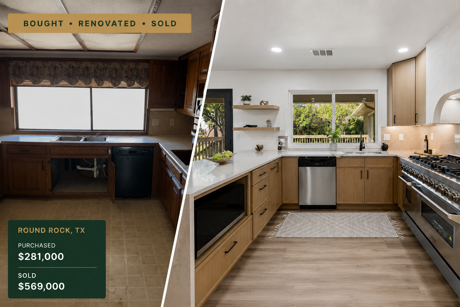 Round Rock Texas real estate investment renovation by Pine & Paul showing a before-and-after kitchen remodel