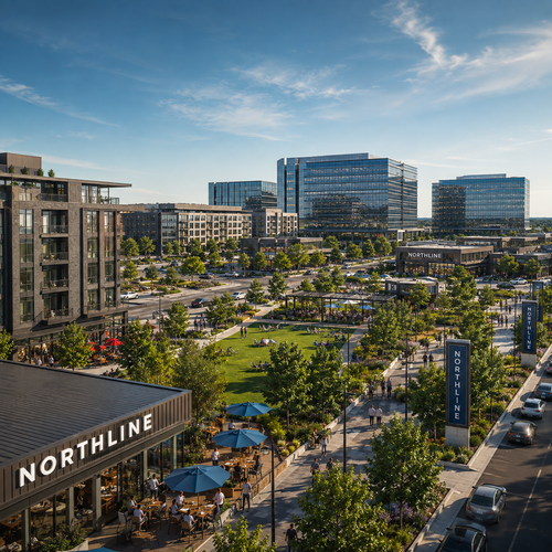 Northline mixed-use development in Leander, Texas with retail, offices and public spaces Concept