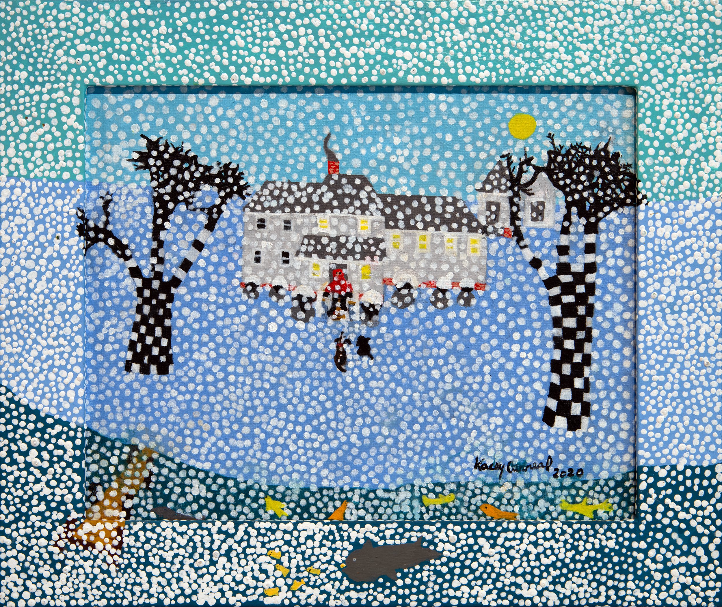 Pointillist artwork of a large white house with a red chimney, trees with checkered trunks, and a blue sky with a yellow sun. In the foreground, there are colorful fish swimming in water, with two figures walking near the house.