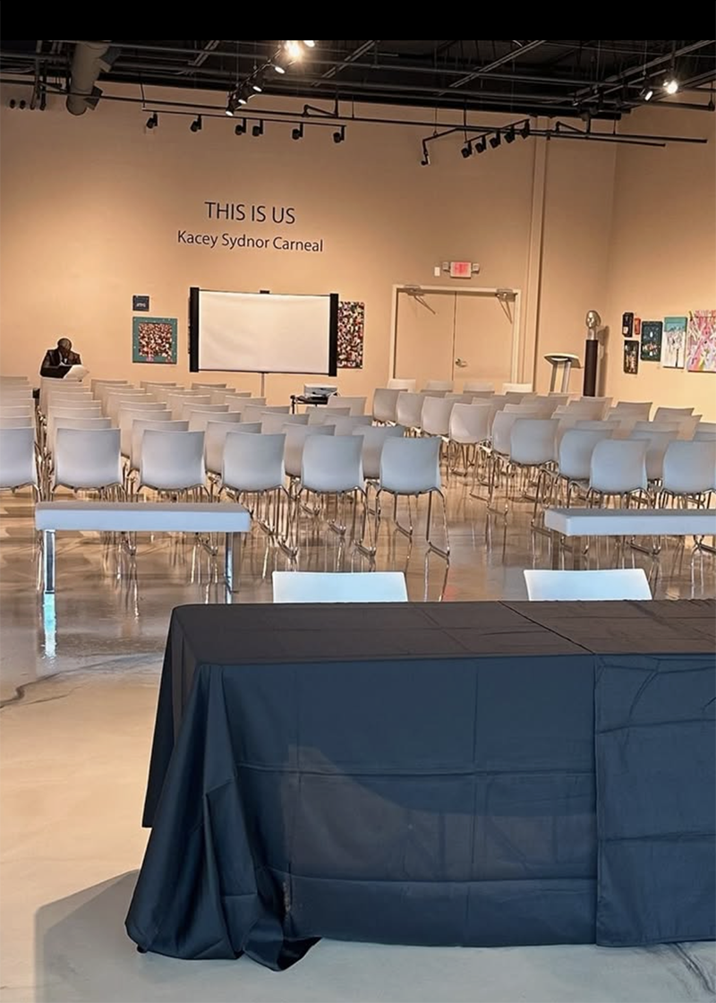 Empty chairs arranged in rows facing a stage with a projector screen and artwork on the wall, in an art gallery or auditorium setting.