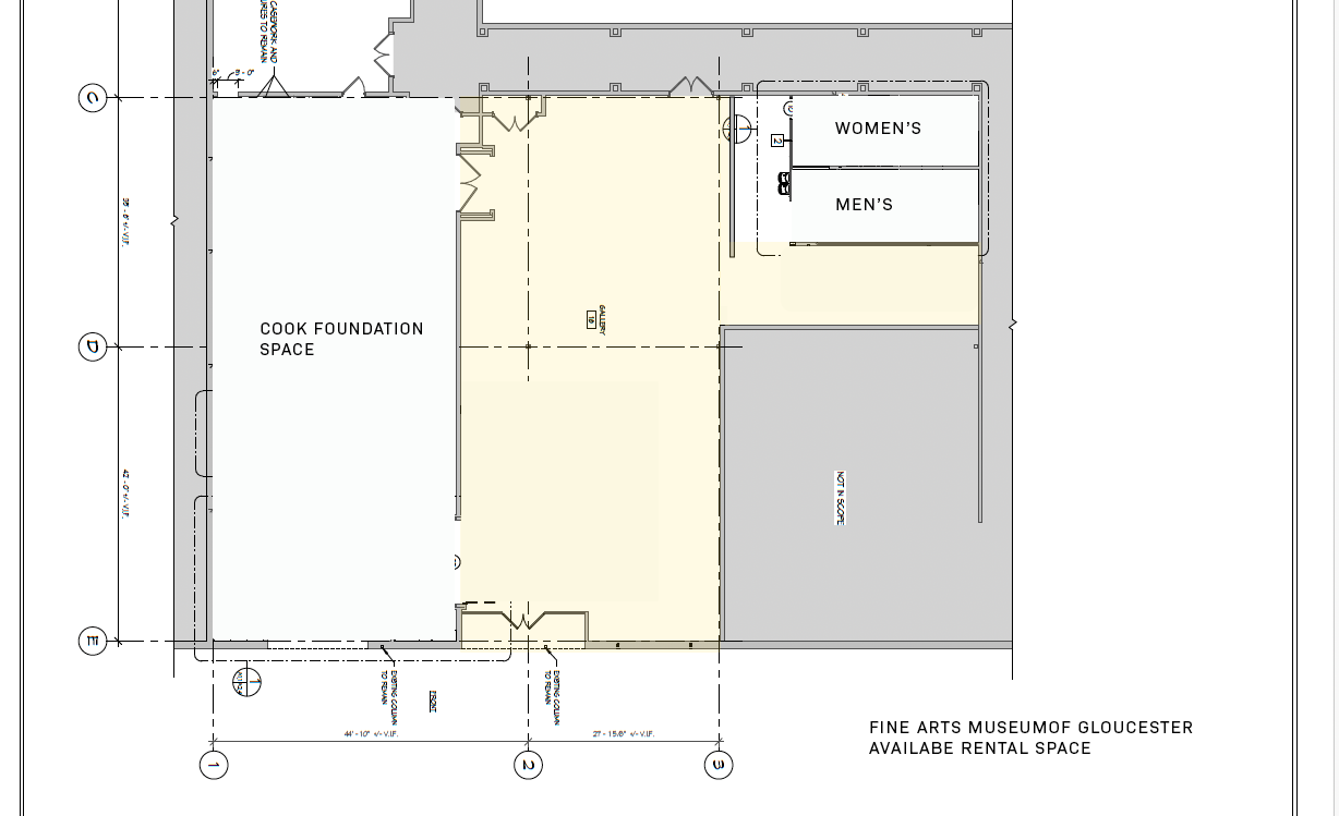 Floor plan of a rental space at the Fine Arts Museum of Gloucester, showing a large Cook Foundation Space, restrooms labeled Women's and Men's, and an adjacent kiln or oven area.