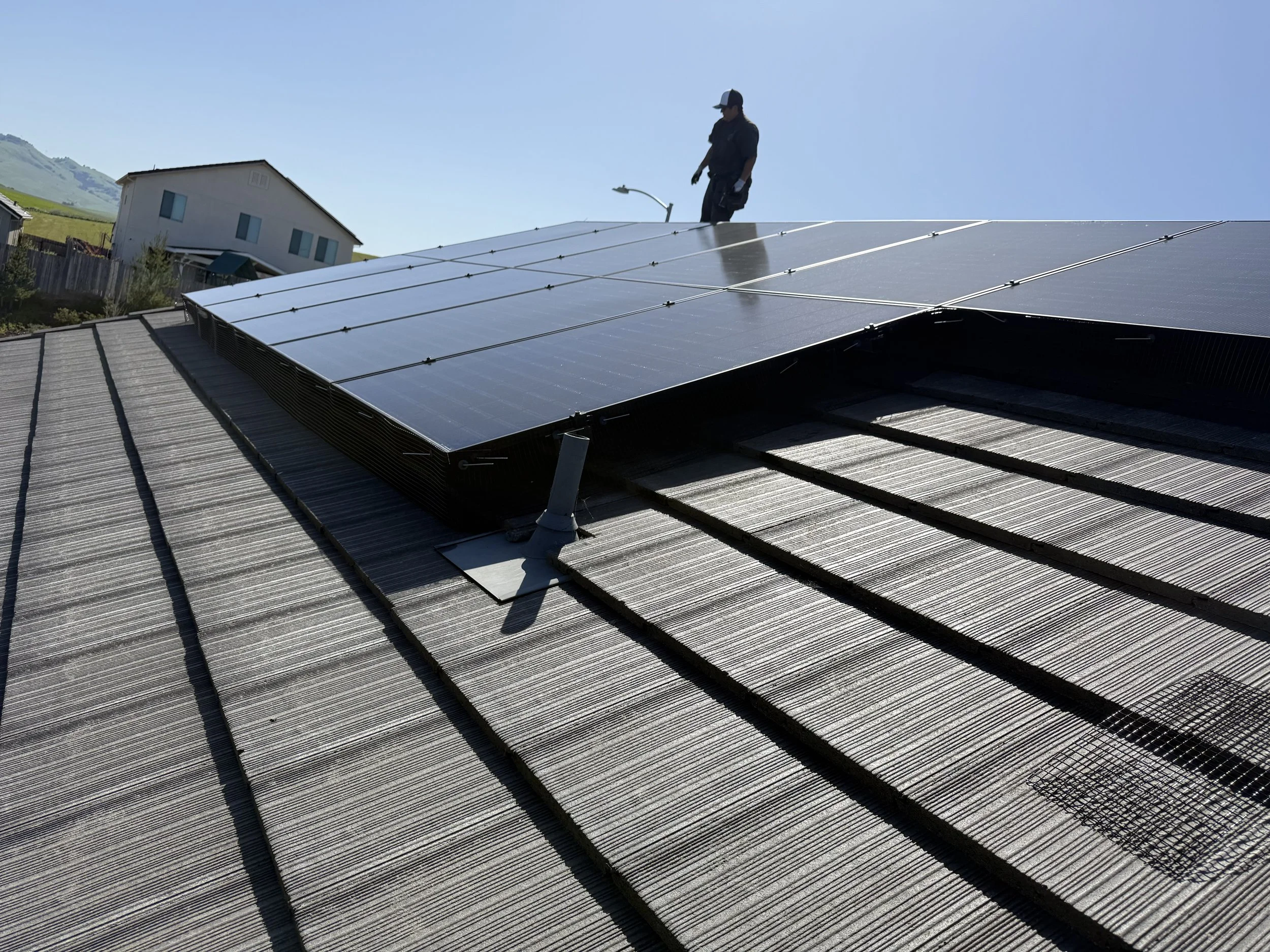 Before and after solar bird netting installation in San Jose showing full perimeter mesh protection