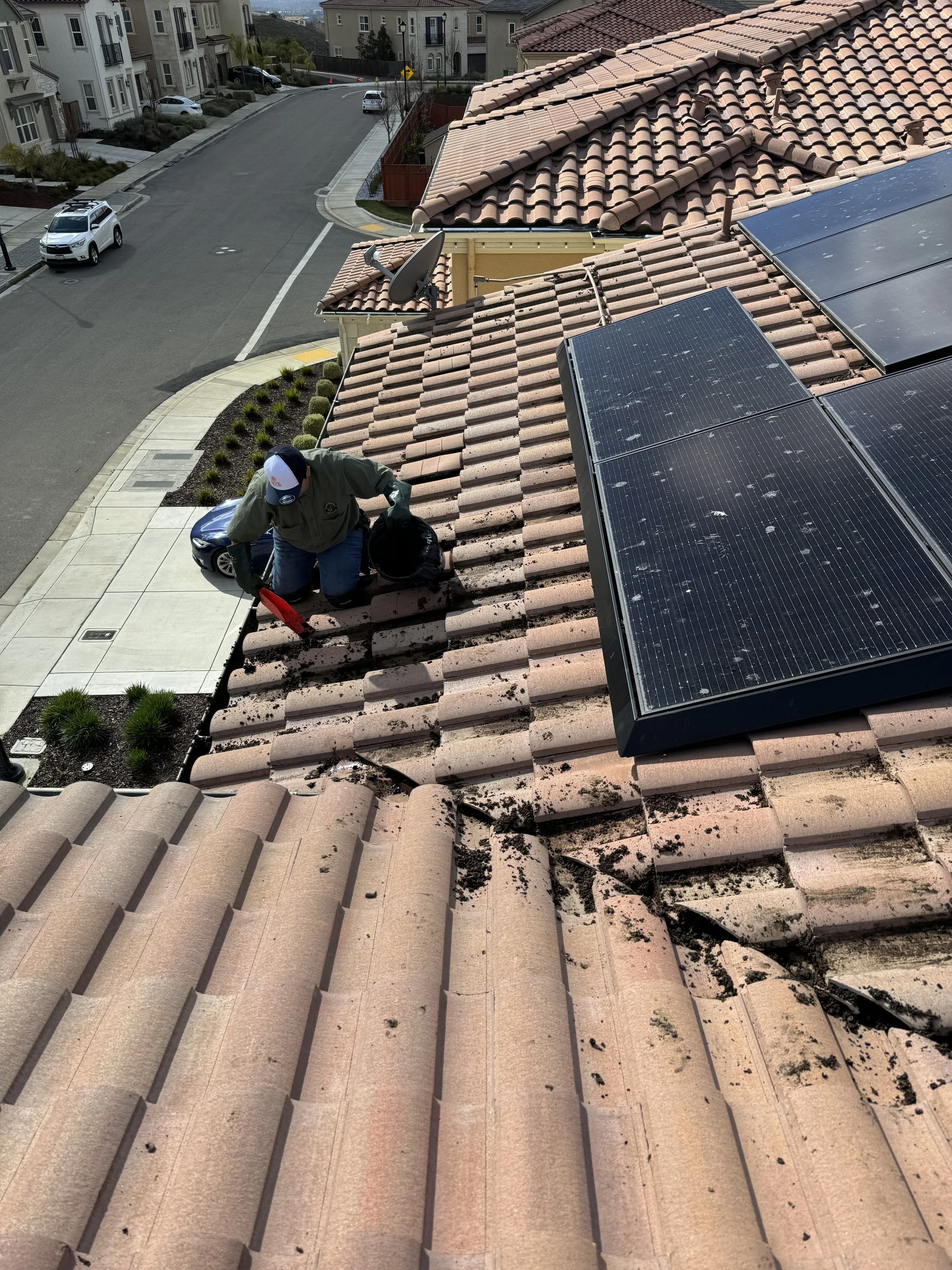 Close-up of galvanized critter guard mesh installed on rooftop solar panels in Hollister CA