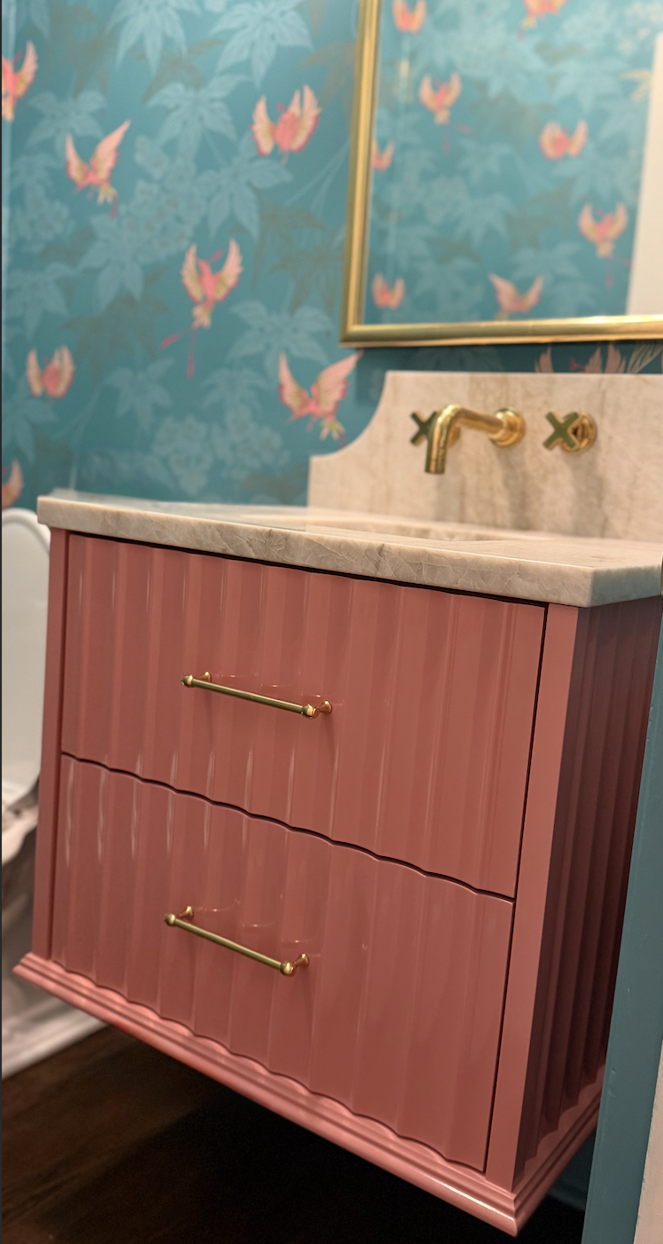 Custom Floating Vanity for this petite powder bath!