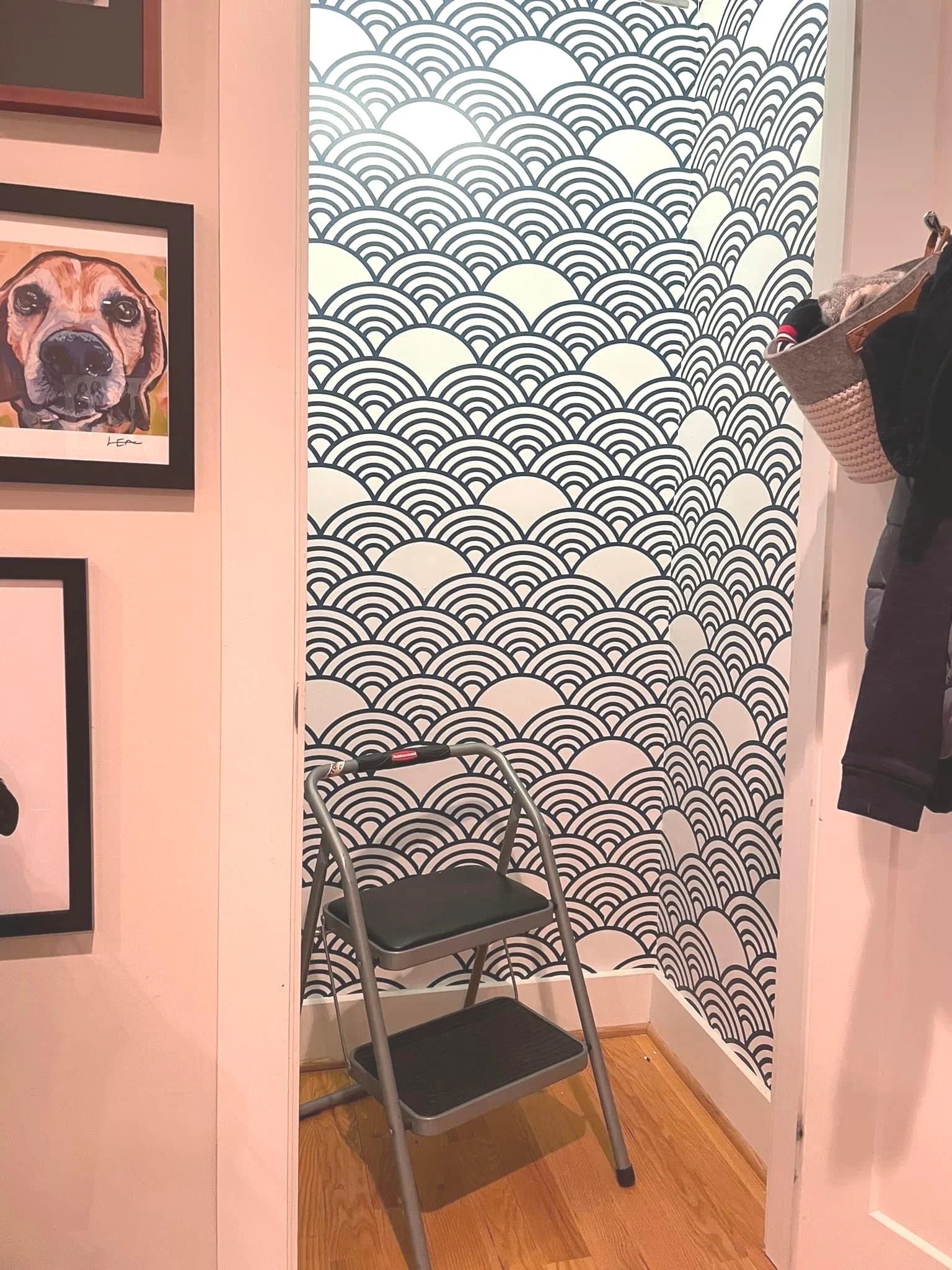 BEFORE: (not really the before - this was an impromptu project I undertook while the SuperBowl was on, and I forgot to take a before photo before I ripped everything out of this closet, sadly. But you know what plain, white coat closets look like. Th