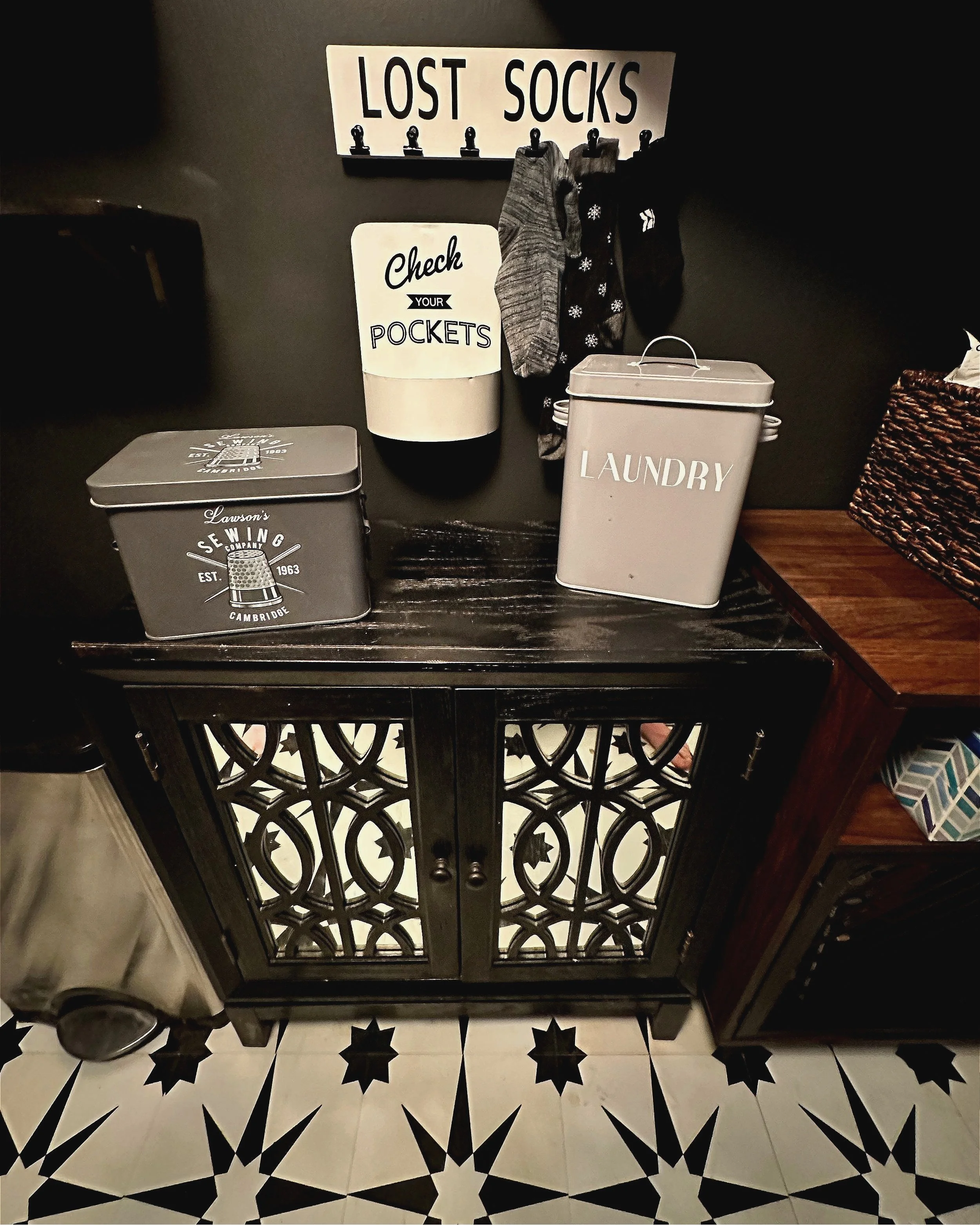 Is this ornate, mirrored cabinet too posh for a laundry room? YES. But it's solid wood and I didn't have space for it anywhere else in the house, so it holds paint cans. 