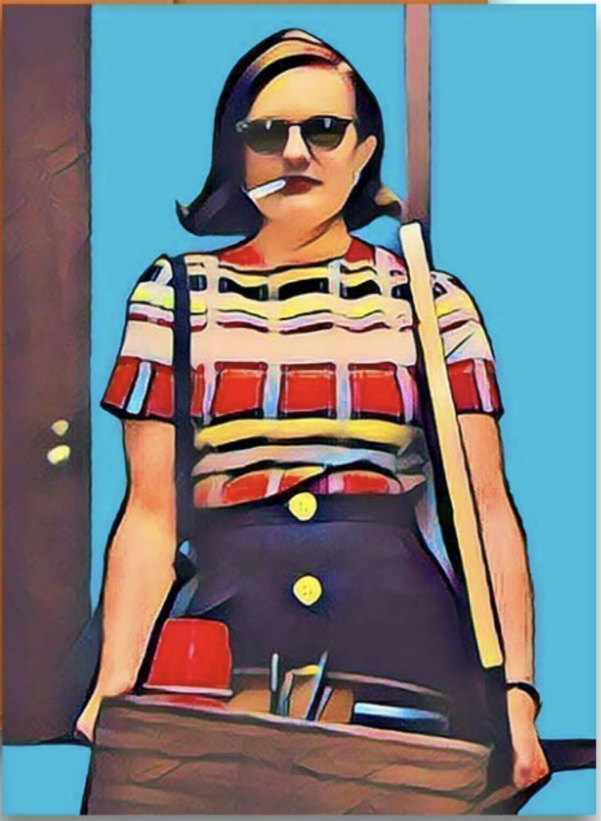 an artistic rendering of Peggy Olson from Mad Men, walking into her first day at her own firm, a cigarette dangling from her mouth