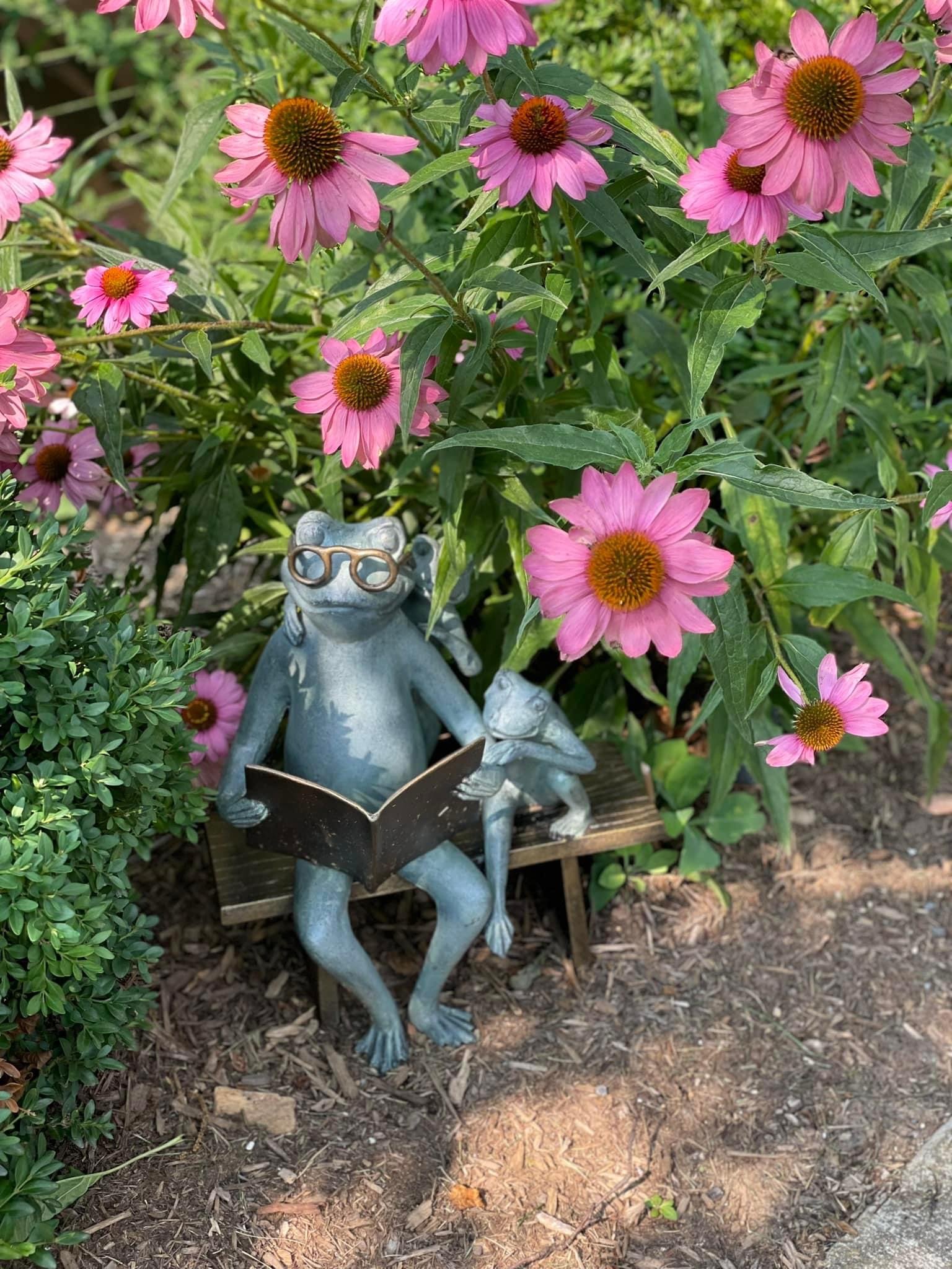 We have two little free libraries (one for grownups and one for littles) so I couldn't pass up this mama frog and baby frog reading on a bench to go next to them. 