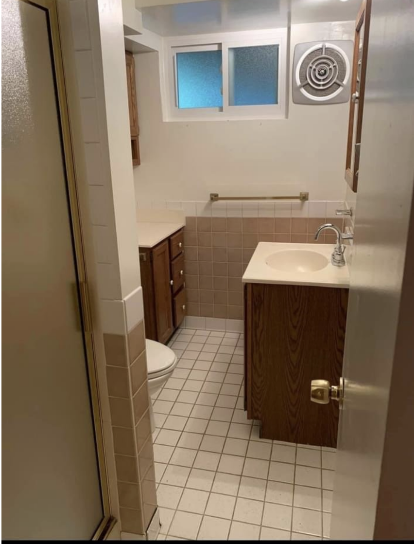 BEFORE - that same bathroom i did in pink and black florals, two years later was demolished when the sewer line broke under the house and the entire floor had to be jackhammered up (traumatic!). 
