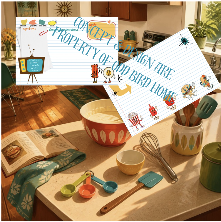 HAPPY FOODS midcentury-style recipe cards (PRINTABLE ONLY)