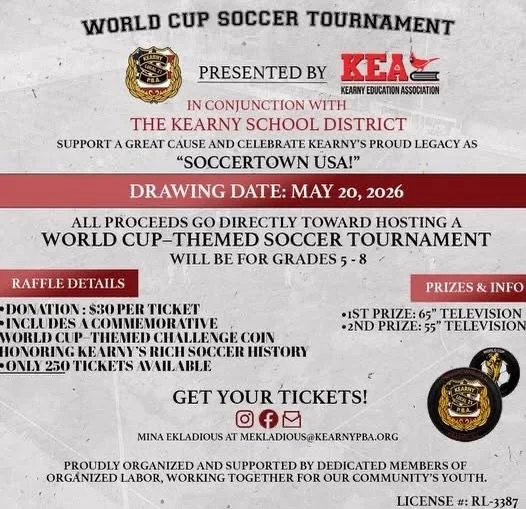 ⚽️ Kearny PBA 21 Civic Association Fundraiser 🇺🇸

The Kearny PBA Local 21 Civic Association is currently selling raffle tickets to support our community initiatives and upcoming events.

🏆 Prizes:
&bull; 1st Prize: 65&rdquo; Television
&bull; 2nd 