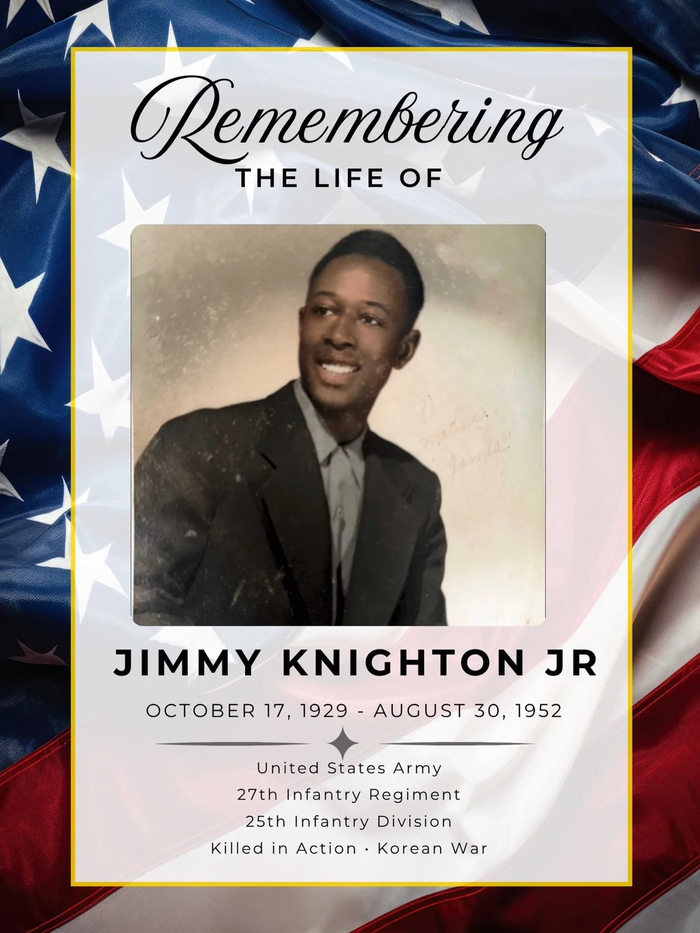 This Memorial Day, I proudly honor my great uncle, SGT Jimmy Knighton Jr., who was killed in action during the Korean War on August 30, 1952, while serving with the 27th Infantry Regiment, 25th Infantry Division. 🇺🇸

At only 22 years old, he gave h