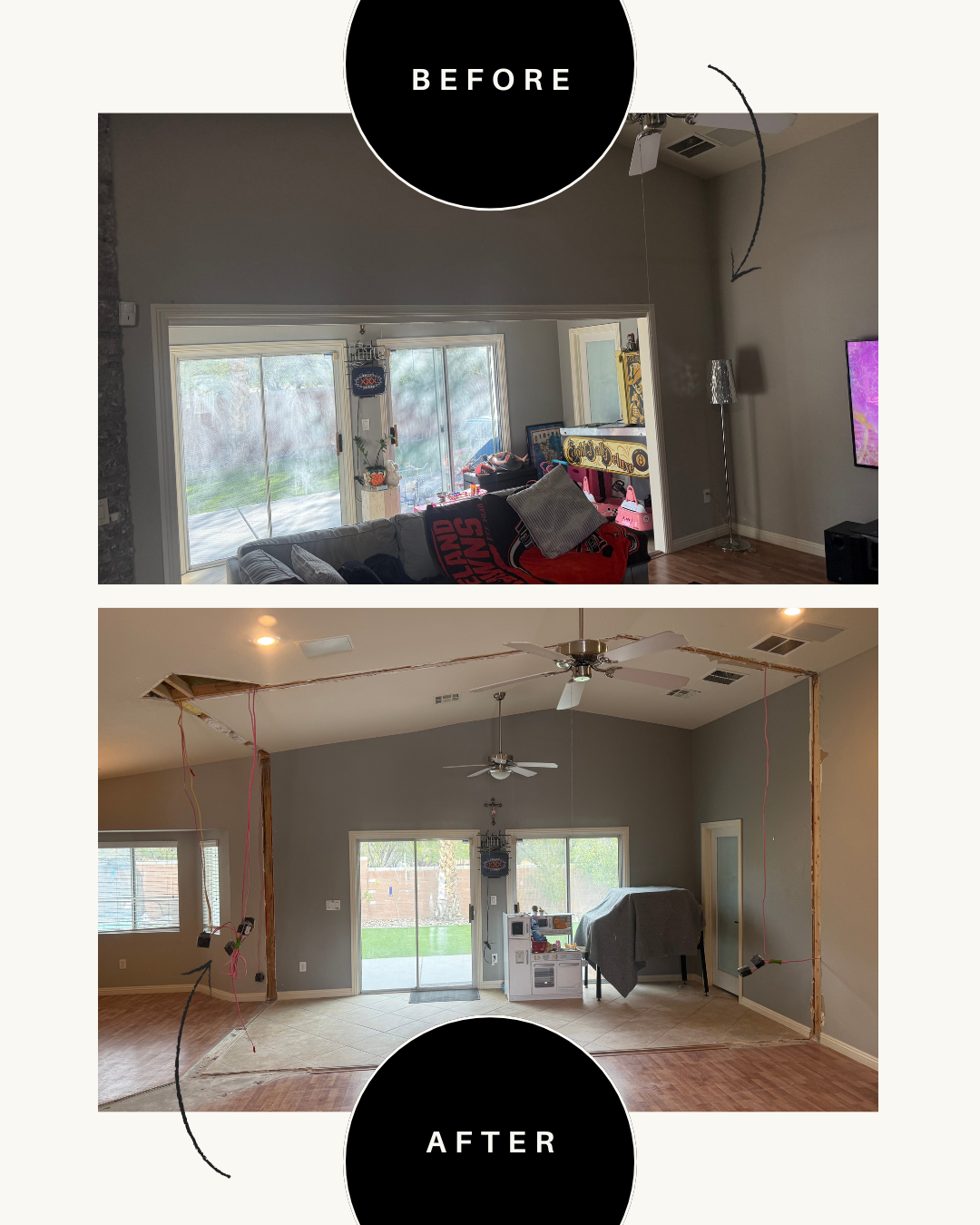 Comparison of a living room before and after drywall removal for renovation, showing the wall with and without drywall and wiring exposed.