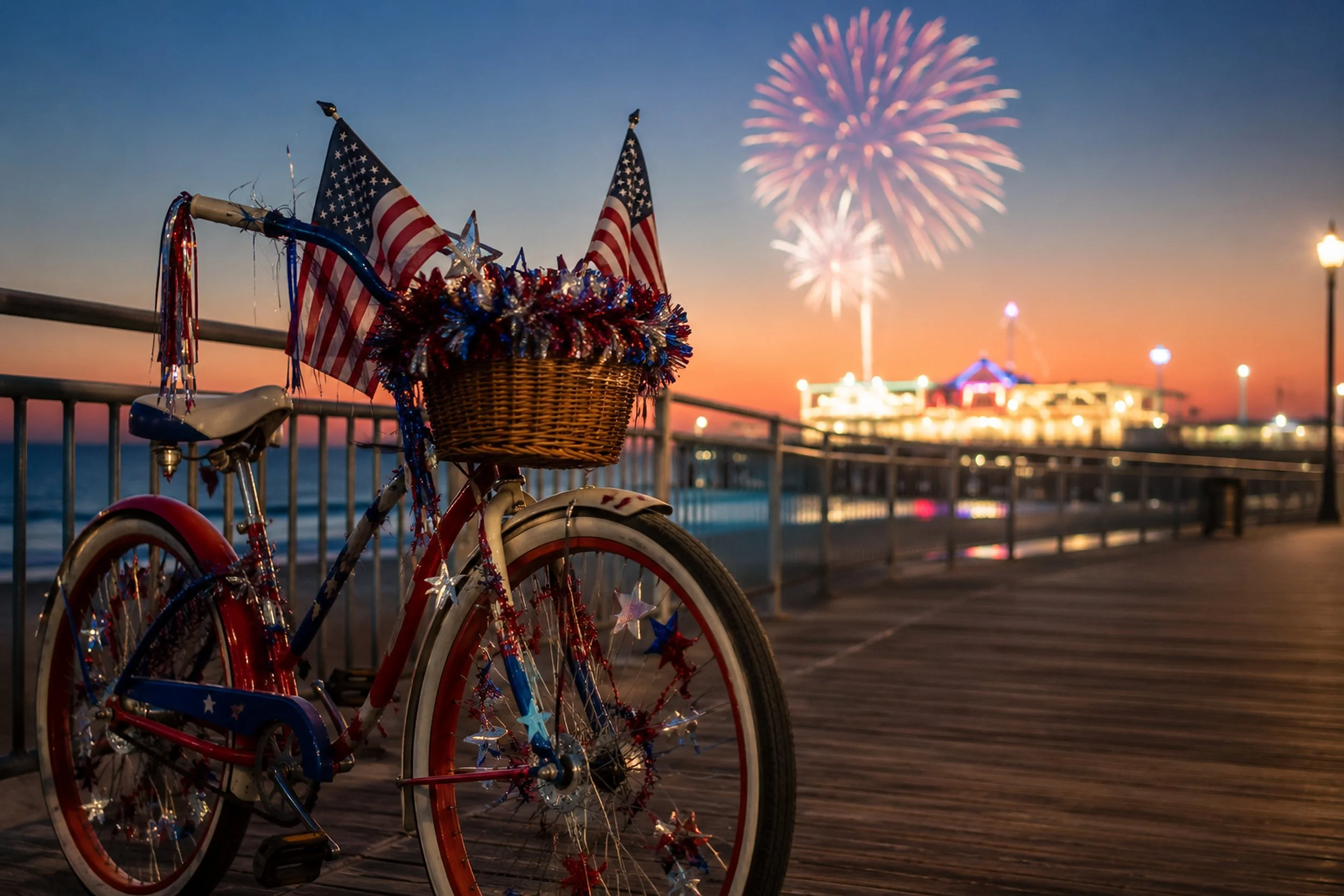 View the full schedule for Ocean City's July 4th bike parades (Gardens, South OC, Riviera) and the 9 PM oceanfront fireworks barge display.