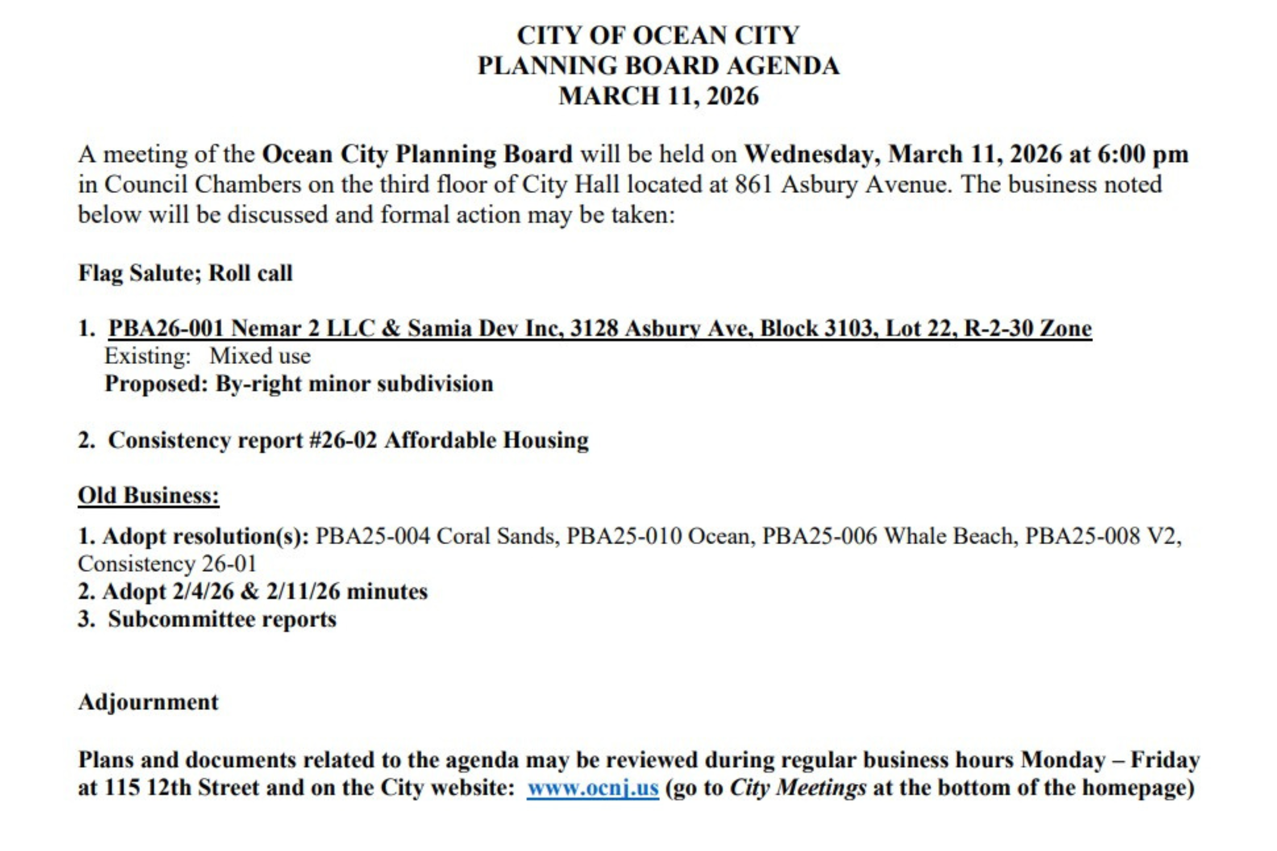 Ocean City’s Planning Board will review case PBA26-001 to split 3128 Asbury Avenue into two 3,000 sq ft parcels in the R-2-30 zone.