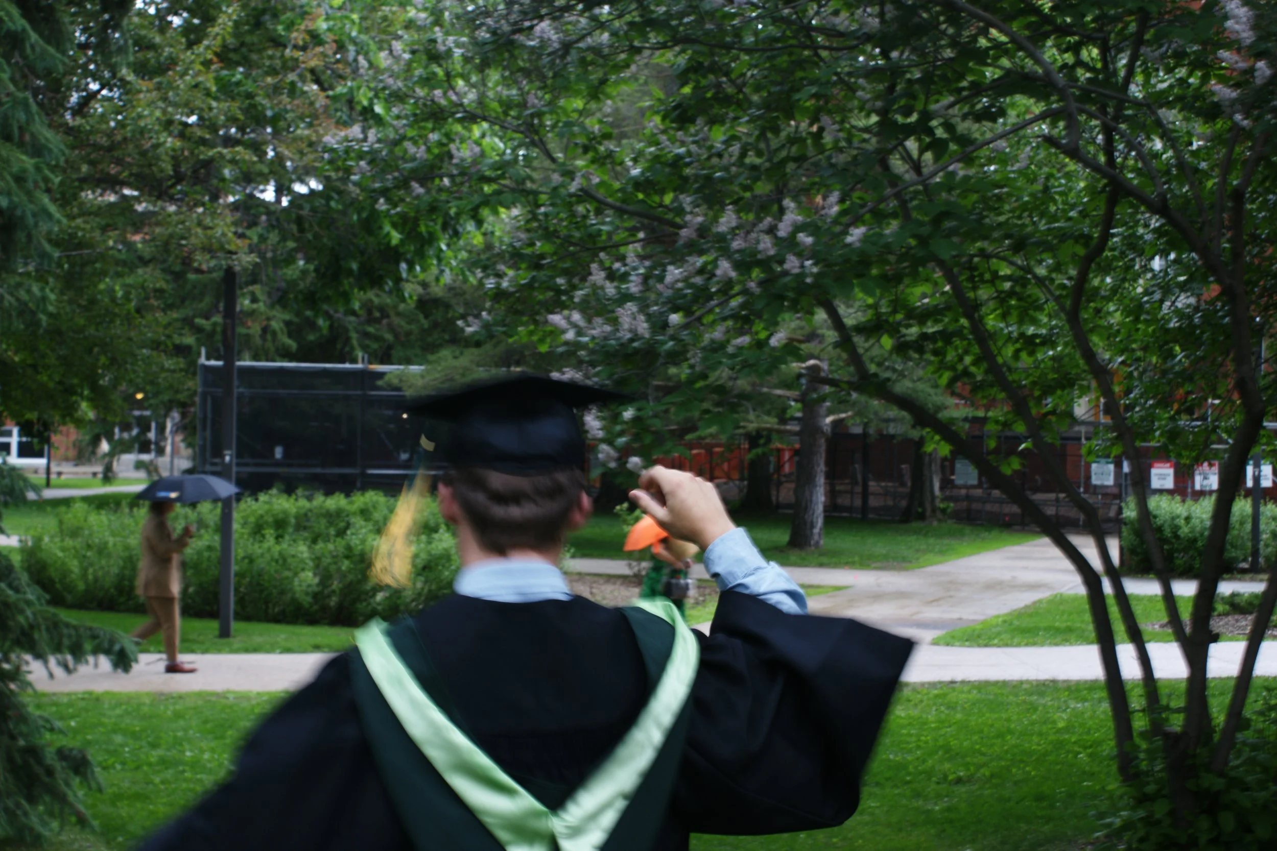 Graduation ceremony taking place outdoors in a park, with a graduate in a cap and gown and people holding umbrellas, surrounded by trees and greenery.