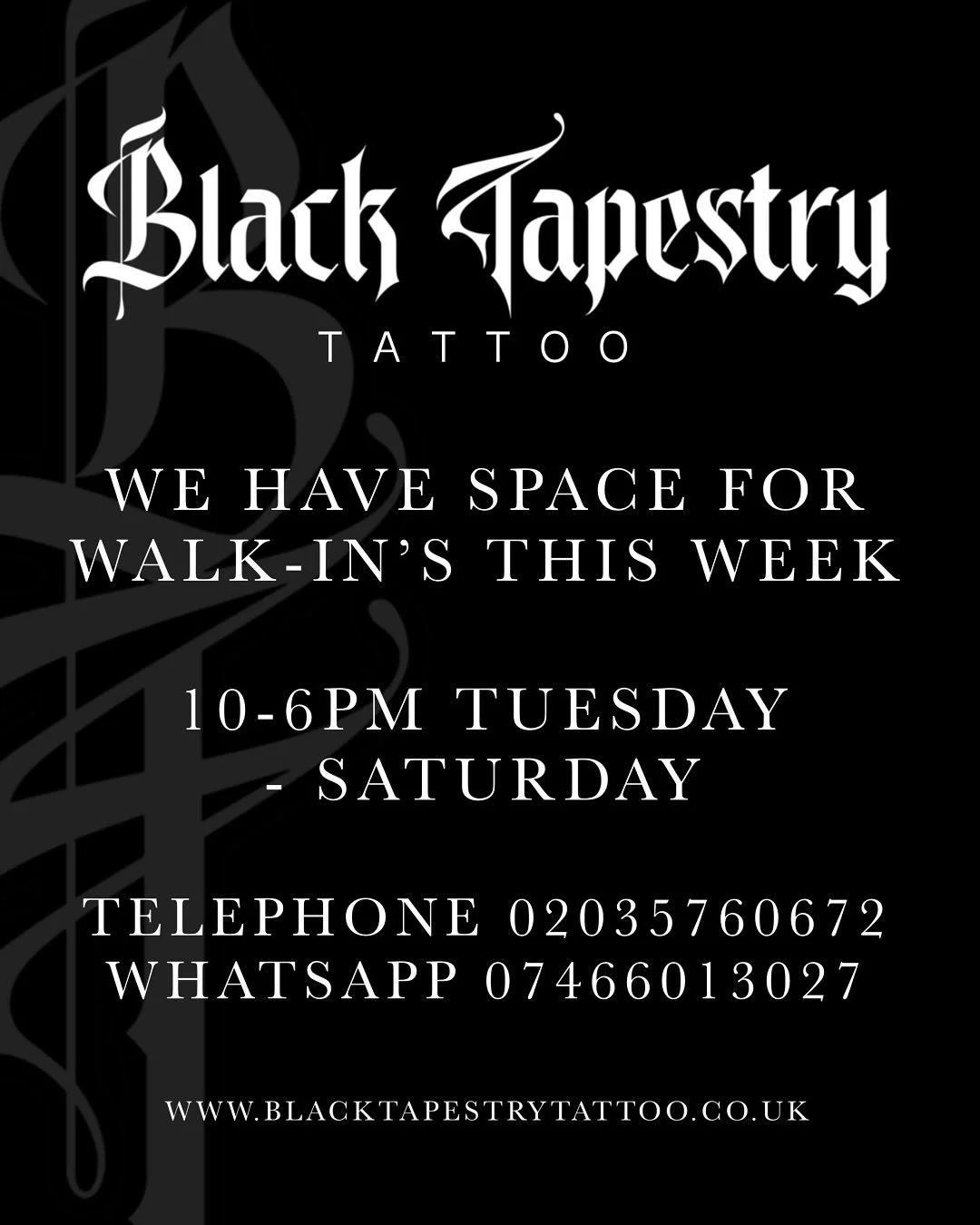 🎉 Spontaneous tattoo, anyone? 🎉
.
Still chewing on that tattoo idea? Might be time to quit overthinking and just get it done.
.
We&rsquo;ve got spots open this week at @blacktapestrytattoo. Whether you&rsquo;re after a quick walk-in or something mo