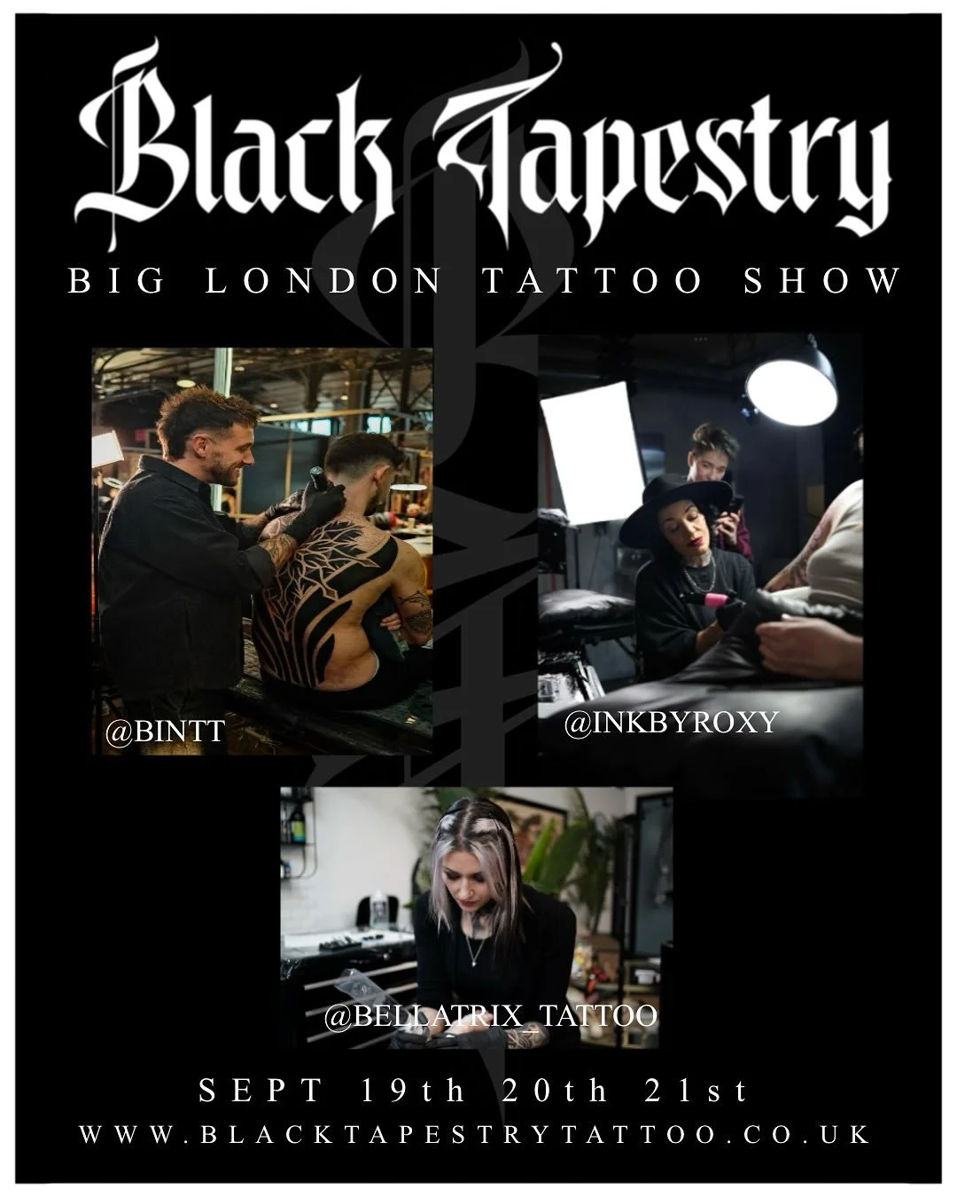It&rsquo;s the @biglondontattooshow this weekend and we have 3 of our amazing artists attending so make sure you check them out 🖤✨
.
@bintt 
@inkbyroxy 
@bellatrix_tattoo 
.
#blacktapestrytattoo #deptfordtattoo #southlondontattoo #londontattooartist