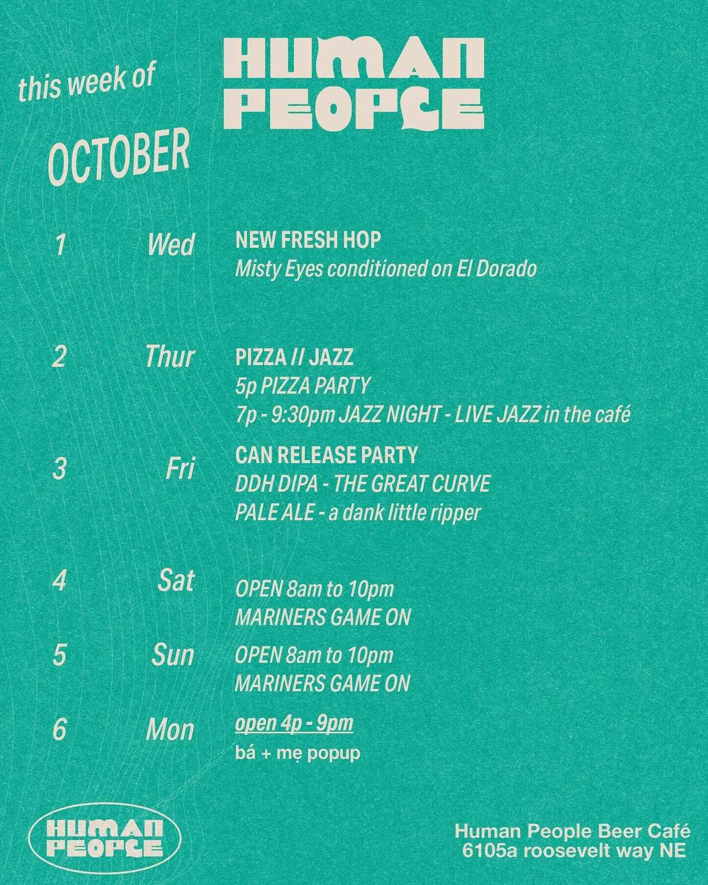Another busy week at the caf&eacute;! 🍵 

2 can releases and a fresh hop. 
Please swipe ➡️

Wednesday Oct 1 - FRESH HOP🌴🌳☘️ EL DORADO MISTY EYES 

Thursday Oct 2 - PIZZA // JAZZ
Come try pizza that hasn&rsquo;t been reviewed and is not on any top 