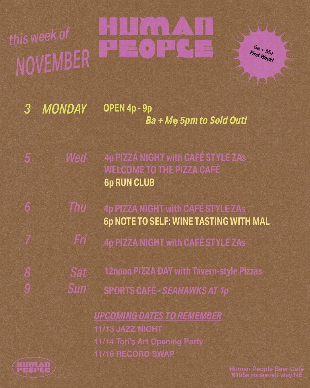 HELLO We are giving you ZERO reasons to not stop by this week. And we are open on Monday! 4-9pm!!!! 

Exciting week! 

Also! We are bringing on more Pizza nights!
&mdash;&mdash;&mdash;&mdash;&mdash;&mdash;&mdash;&mdash;&mdash;

Monday (today) Nov 3 -