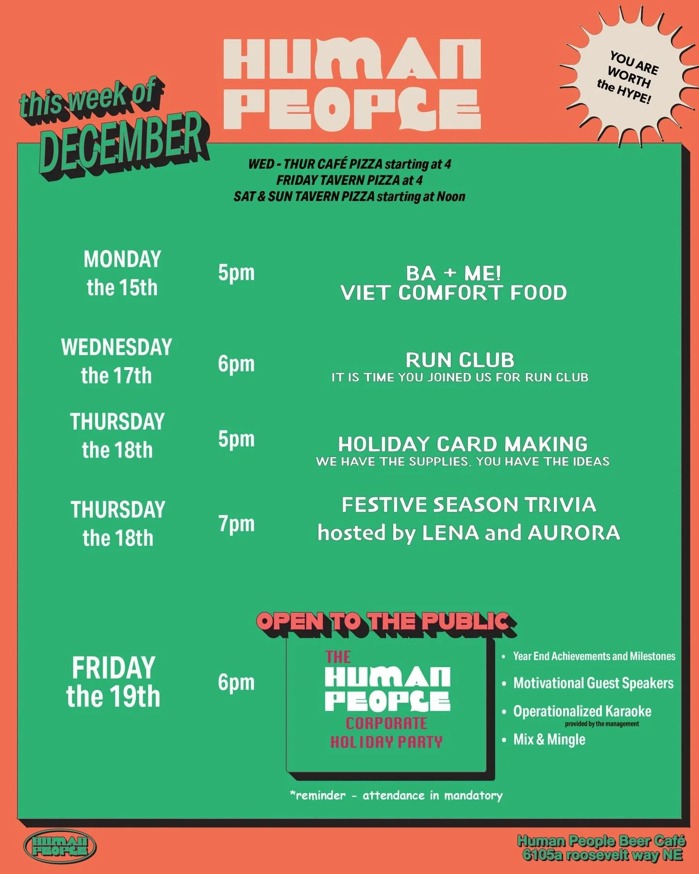 Good Afternoon 🌞 

It&rsquo;s a new week for events. Stay dry and come hang in the coziest beer caf&eacute; on this side of the Chattahoochee. 

2 nite! 5-9 @bamepopup got the warm Viet dishes for you 🔥🔥🔥

WEDNESDAY RUN CLUB at 6pm PIZZA 🍕 Start