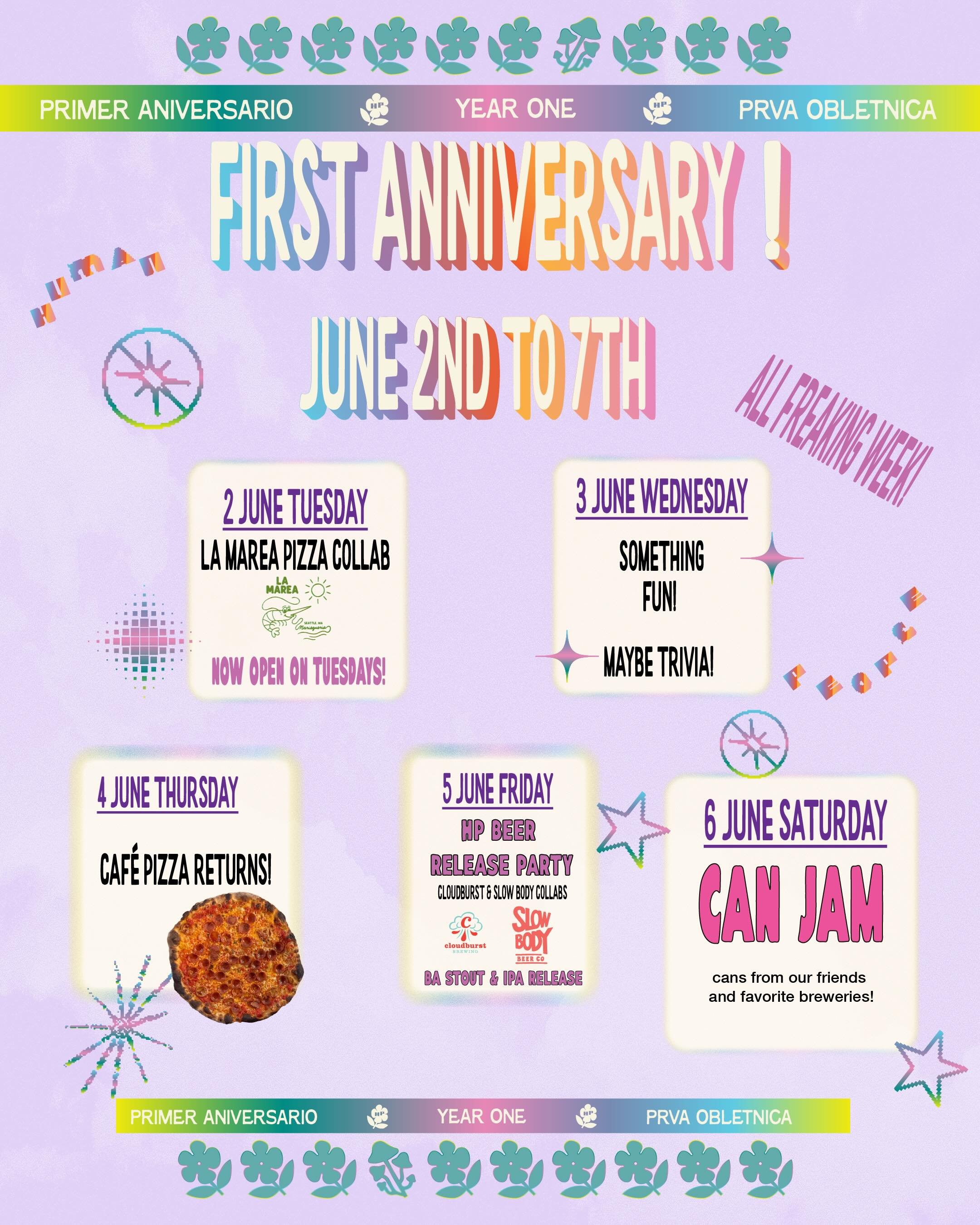 HAPPY ANNIVERSARY! TO US! 
🎉🥳🎉🎉🍾🍾🍾🍾
Mark your day planners because we got events for you! All week June 2 - June 7! 

🦐June 2 - @lamarea_seattle Pizza collab at the caf&eacute;. SPECIAL SPECIAL SPECIAL. And probably Spicy 🌶️ 

🍕June 4 - CA
