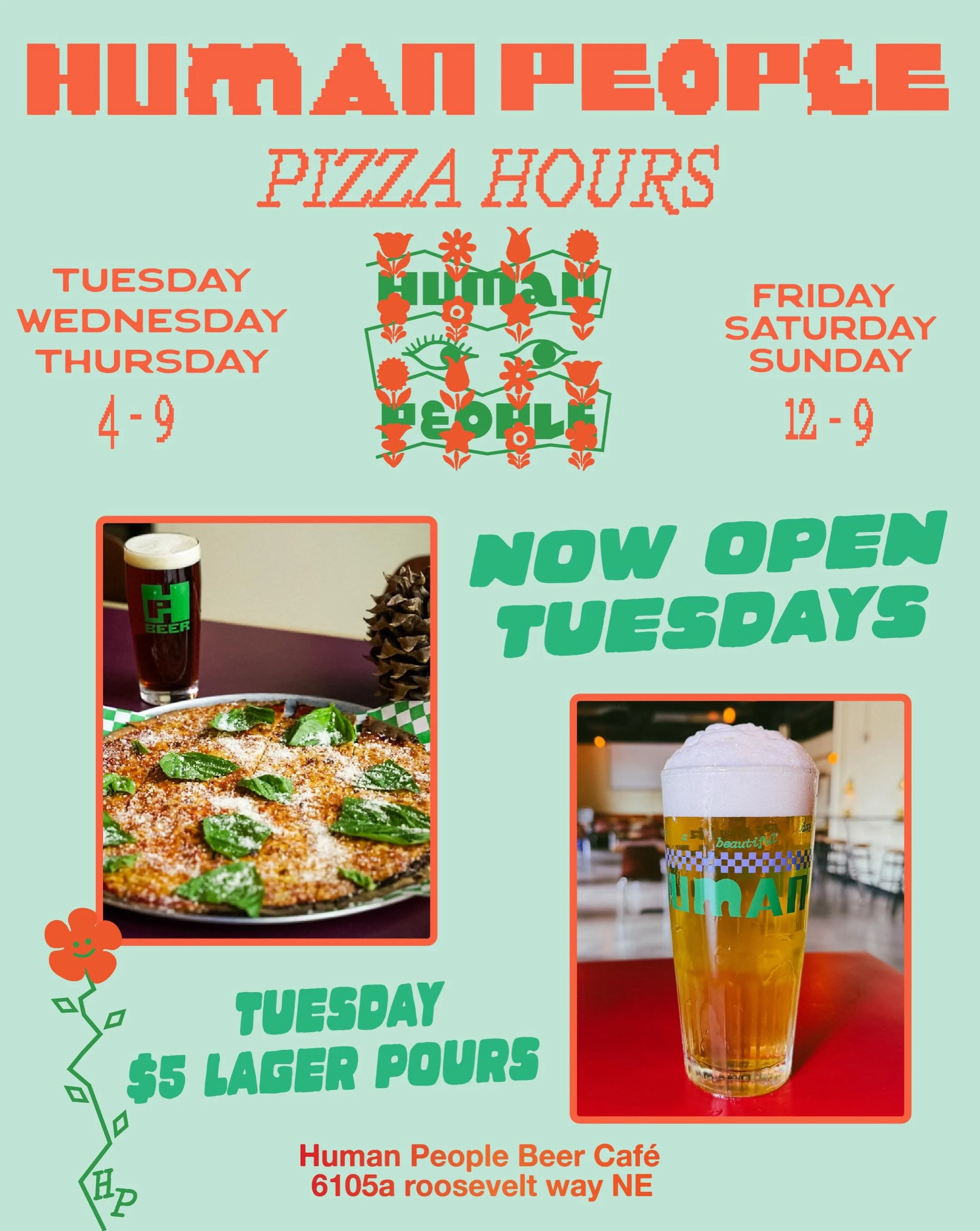 TUESDAY is Pizza Night 🍕

Human People is now open Tuesdays 4pm to 9pm and we are doing special Pizzas and Lager pours. 

Every Tuesday we will have a new pizza &mdash; something special for your Tuesday night. Starting this week we will be doing a 