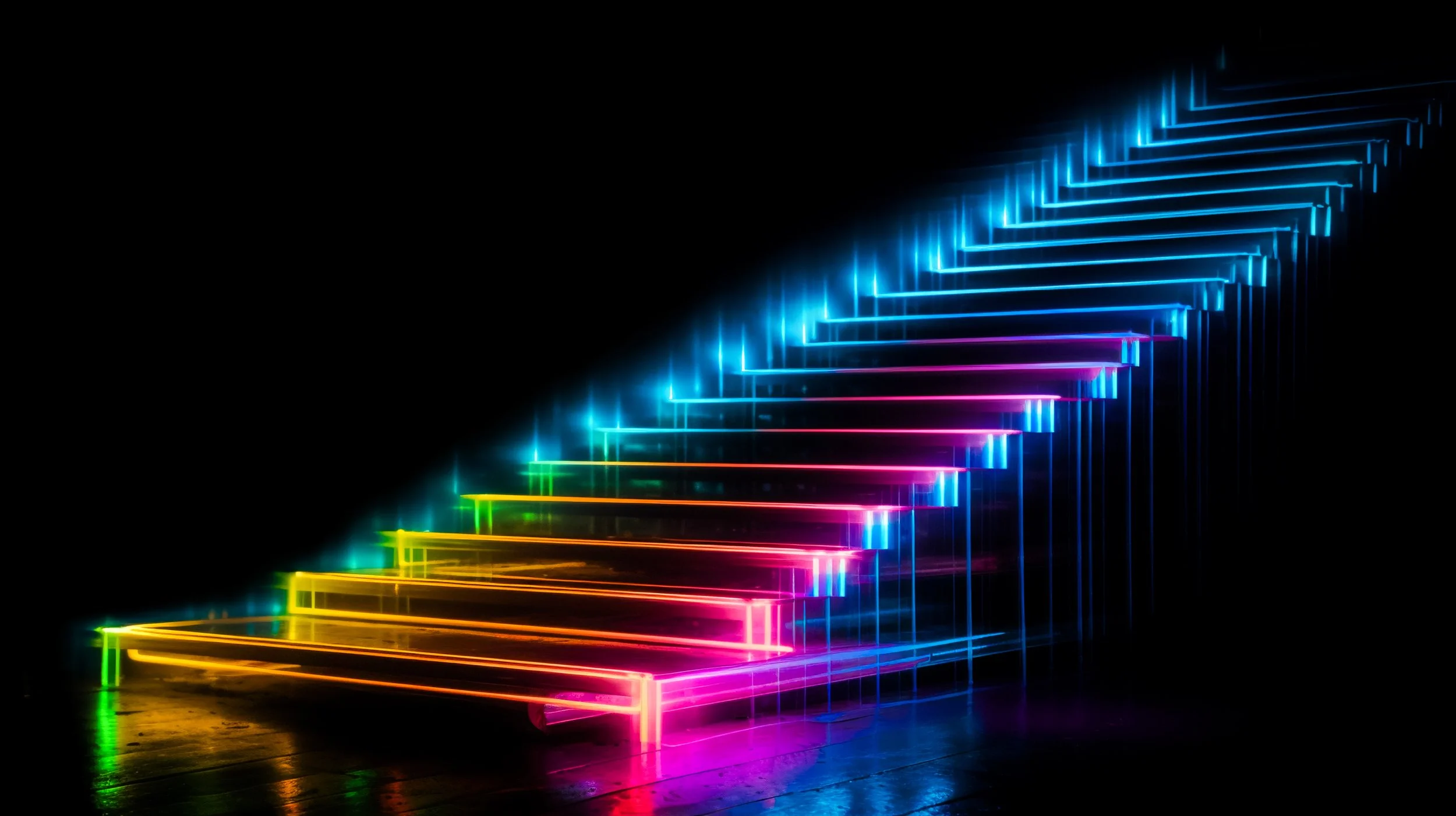 neon staircase on a black backdrop