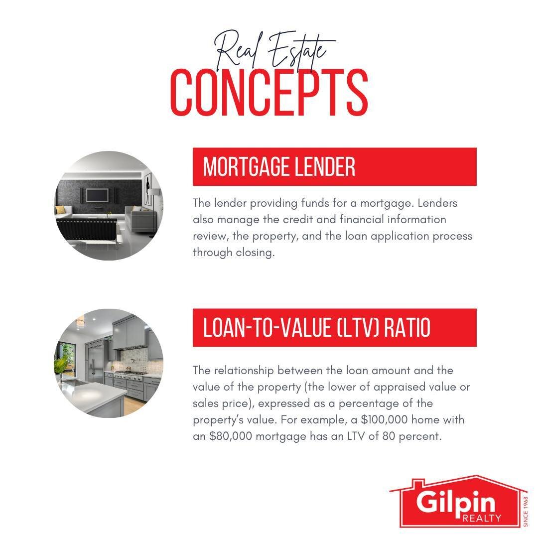 Real Estate Concepts

MORTGAGE LENDER
The lender providing funds for a mortgage. Lenders also manage the credit and financial information review, the property, and the loan application process through closing. 

LOAN-TO-VALUE (LVT) RATIO 
The relatio