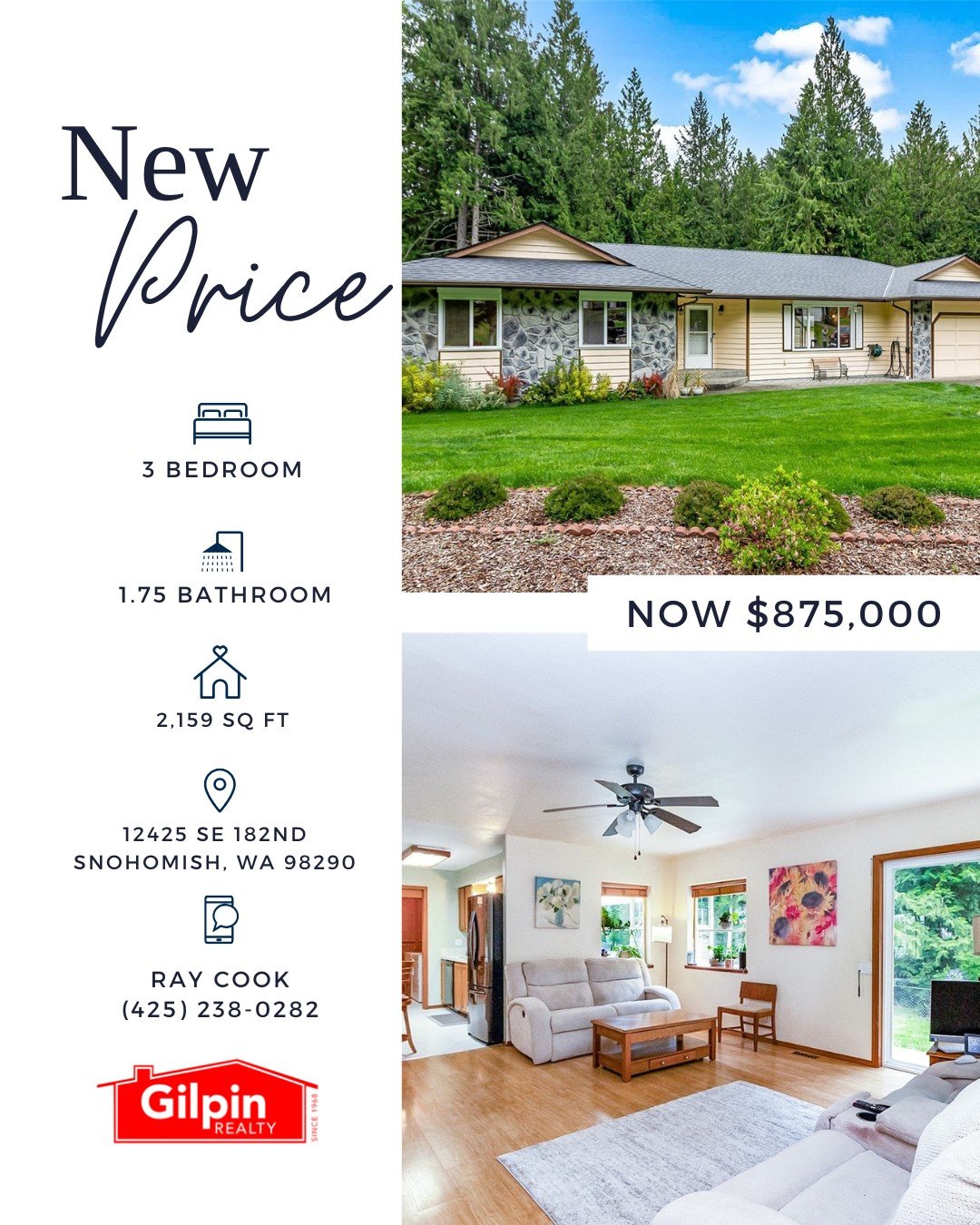 #NewPrice in #Snohomish
View Full Listing &gt;&gt; https://zurl.co/7UQ6r

🛌 3 BD 🛁1.75 BA 📐2,159 SQ FT
💰#PriceReduction at $875,000
🏡12425 SE 182nd, Snohomish, WA 98290
✅NWMLS# 2375909

Single level rambler situated on fenced half acre lot backs