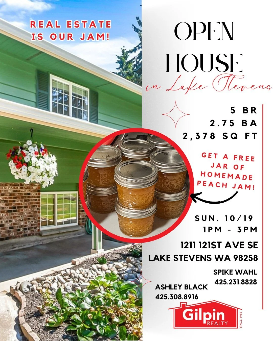 🏡 Open House – Sunday Oct. 19th | 11 AM to 1 PM in #LakeStevens!
Real Estate is our JAM! Free Jar of Homemade PEACH JAM to the first 10 tours through our Sunday Open House 🍑
📍 1211 121st Ave SE, Lake Stevens
💲 $769,500 | 🛏 5 Beds | 🛁 2.7