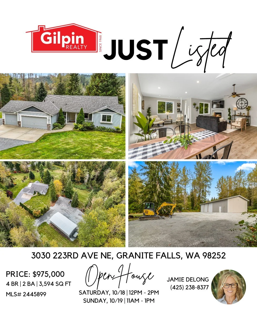 ✨ Just Listed + Open House | Granite Falls ✨
Full Details: https://zurl.co/8oZa5
Open House: Sat 12–2 PM • Sun 11 AM–1 PM
4 BR | 2 BA | 3,594 SF | $975,000 | MLS #2445899
Escape to a private 5+ acre Granite Falls rambler that blends