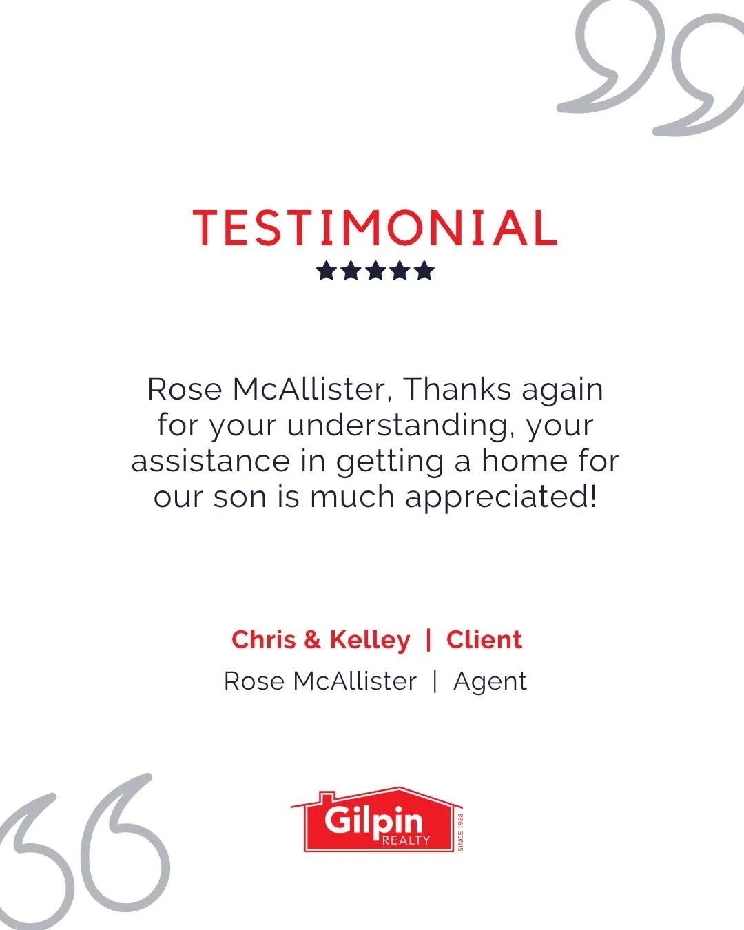 "Rose McAllister, Thanks again for your understanding, your assistance in getting a home for our son is much appreciated!" - Chris & Kelley
.
.
.
#GilpinRealty #Snohomish #RealEstate #HouseHunting #HomesForSale #RealEstateTestimonials #