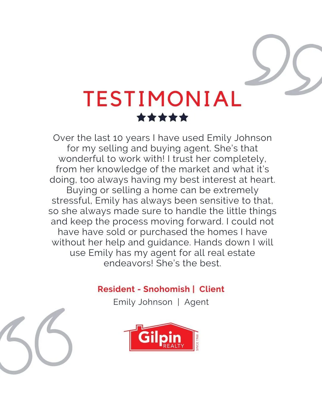 "Over the last 10 years I have used Emily Johnson for my selling and buying agent. She&rsquo;s that wonderful to work with! I trust her completely, from her knowledge of the market and what it&rsquo;s doing, too always having my best interest at